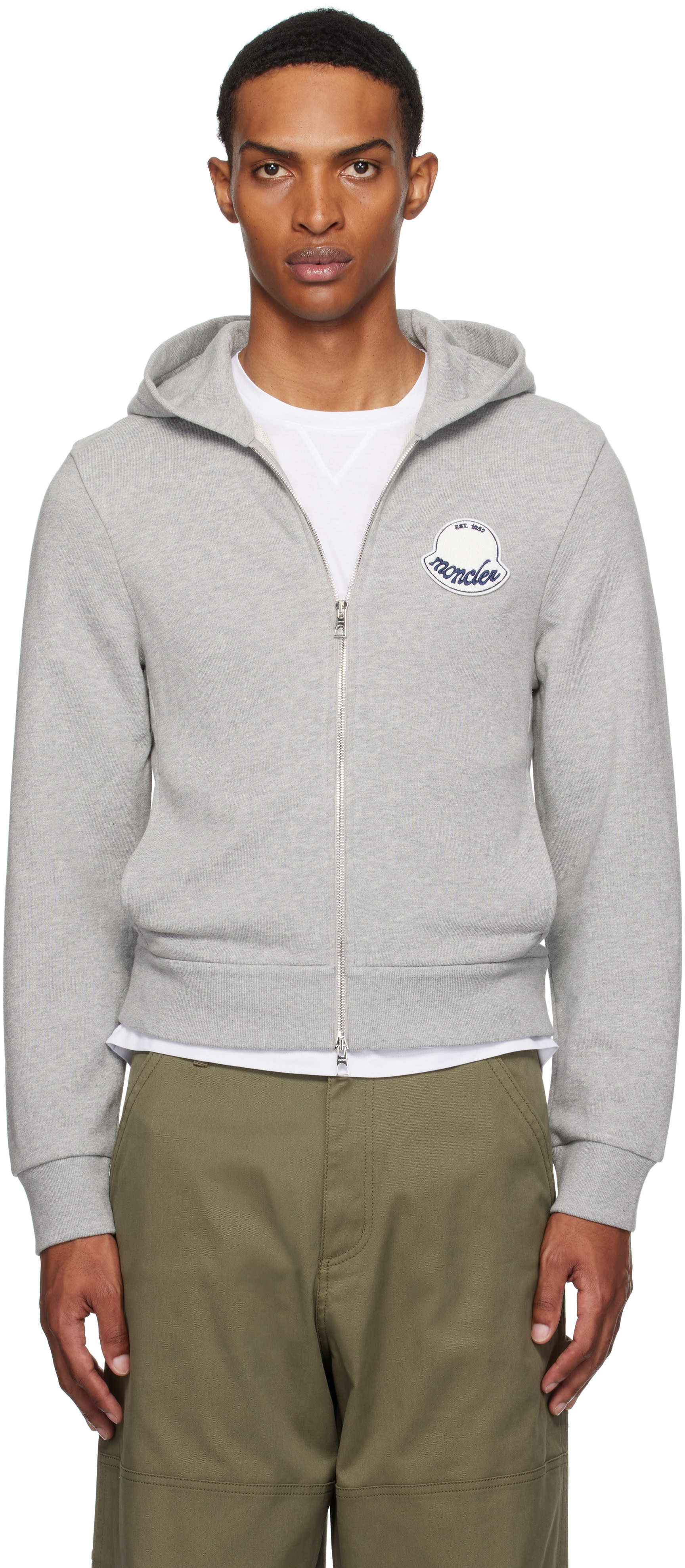Moncler: Gray Logo Cotton Zip-Up Hoodie | SSENSE Canada