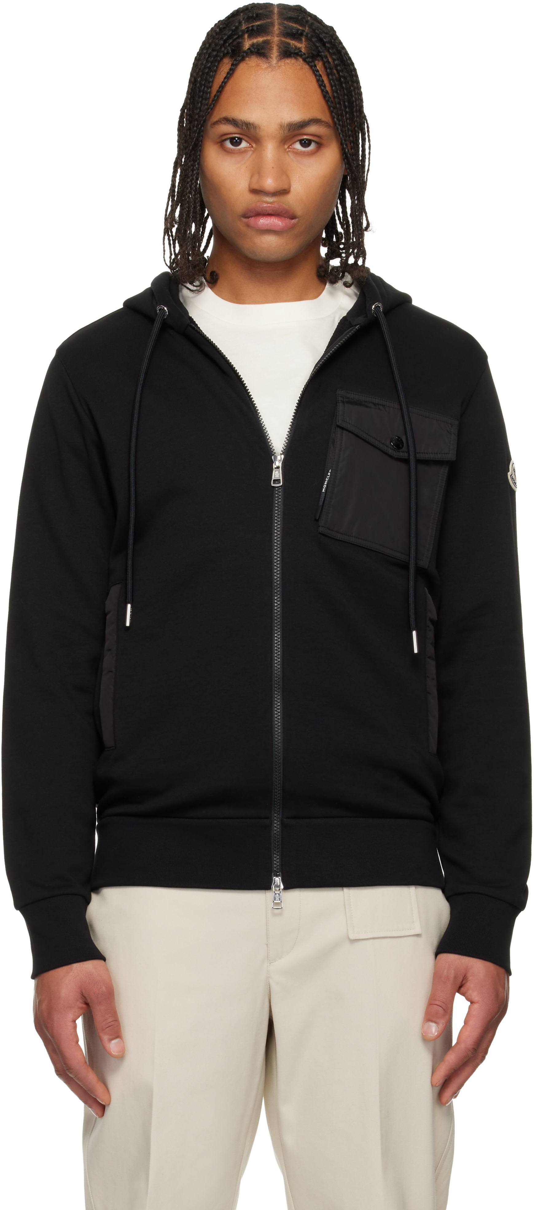 Moncler: ブラック コットンブレンド ジップアップフーディ | SSENSE 日本