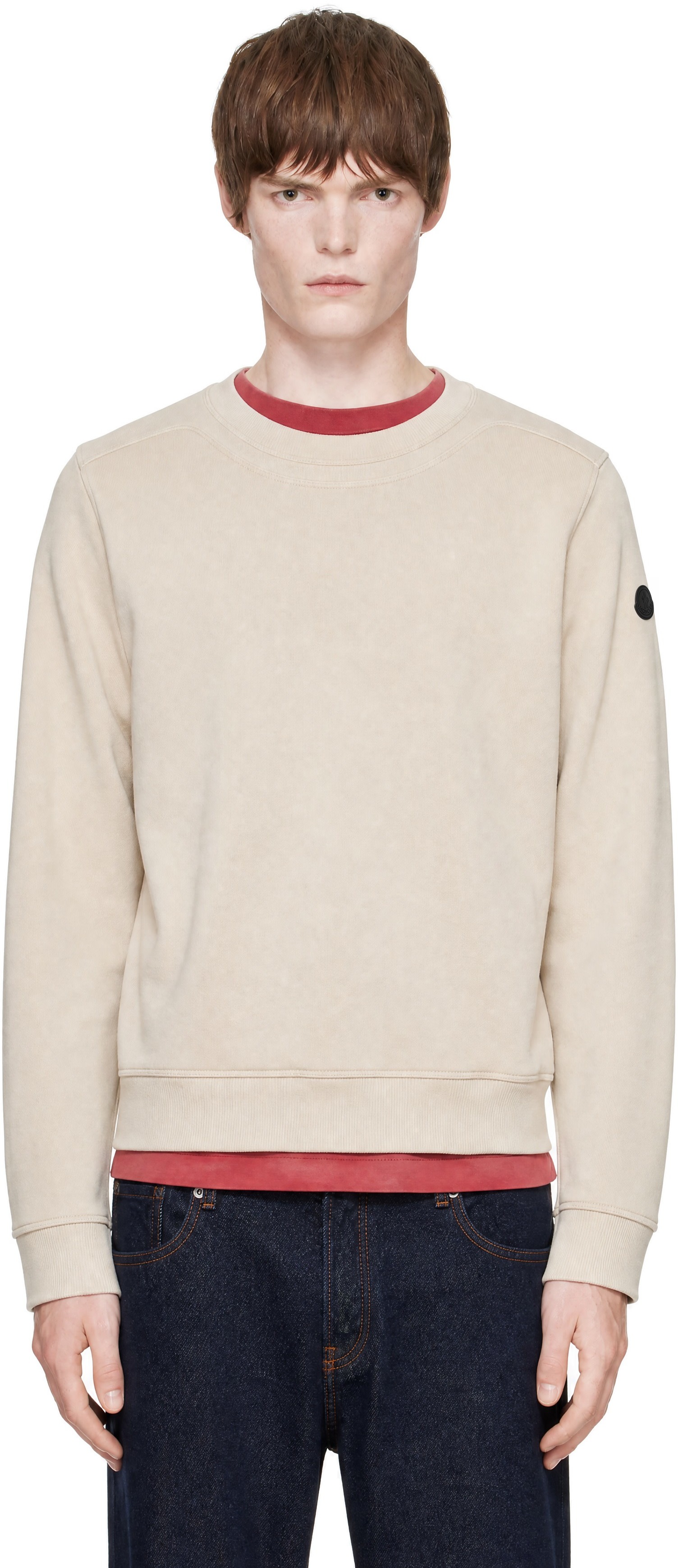 Moncler - Pull molletonné beige en coton à écusson à logo