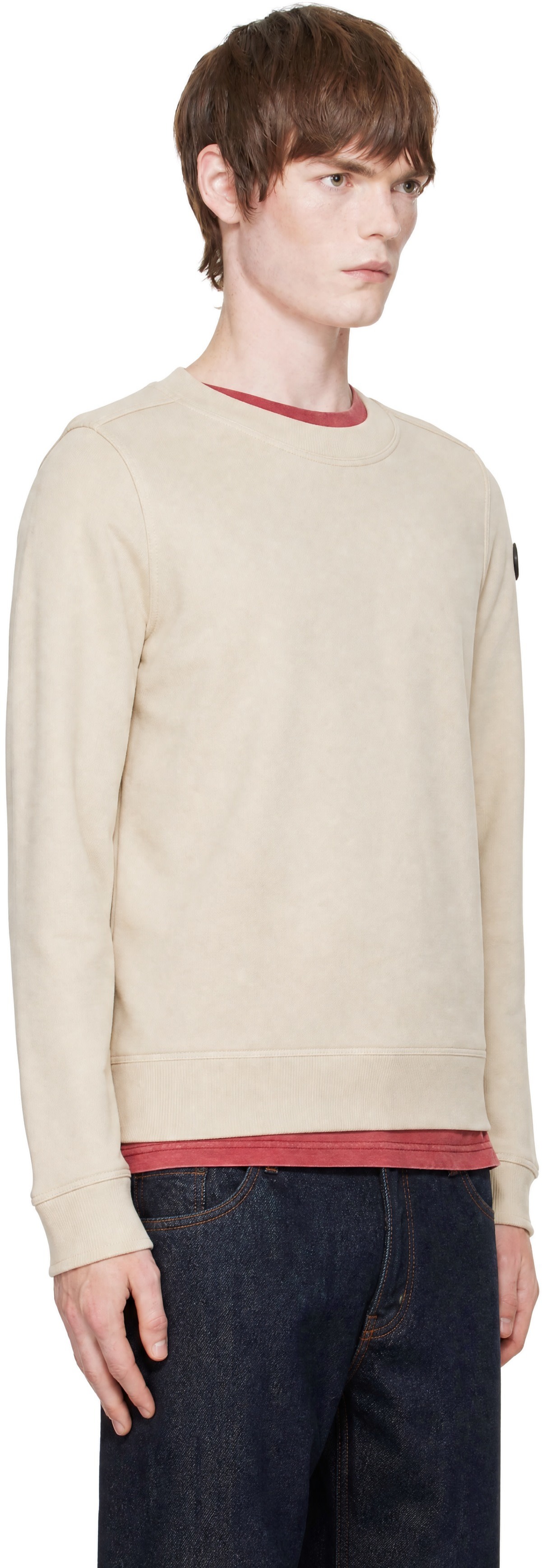 Moncler - Pull molletonné beige en coton à écusson à logo