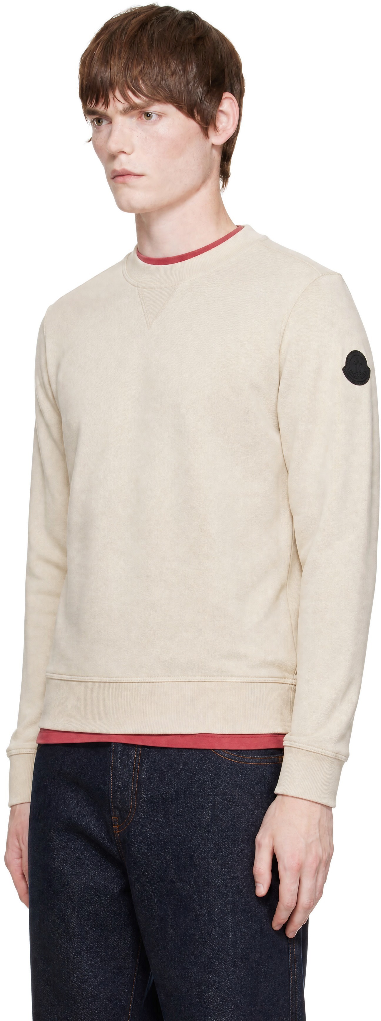 Moncler - Pull molletonné beige en coton à écusson à logo