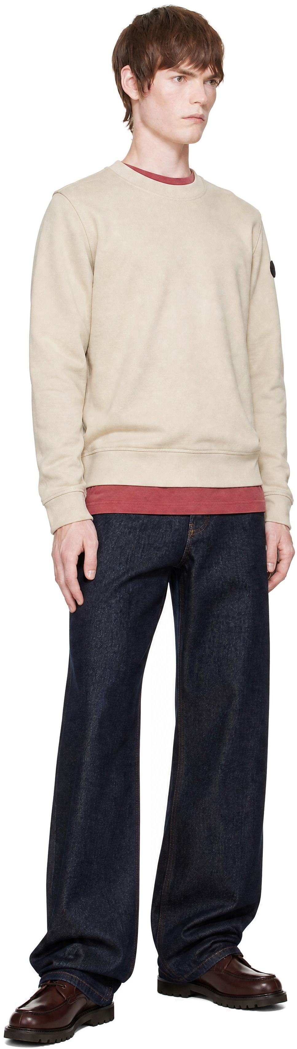 Moncler - Pull molletonné beige en coton à écusson à logo