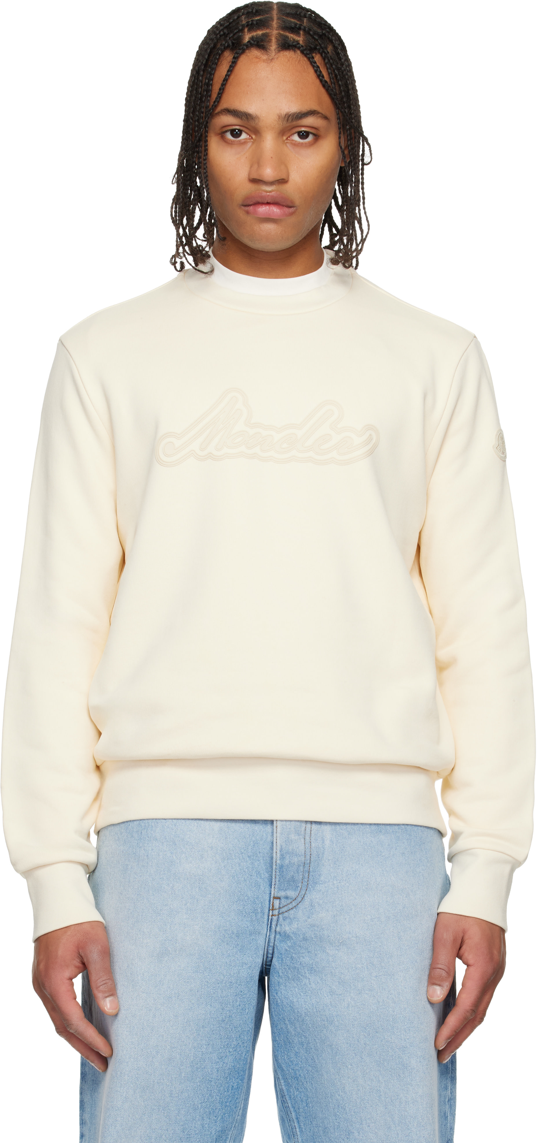 Moncler - Pull molletonné blanc cassé en coton à logo manuscrit