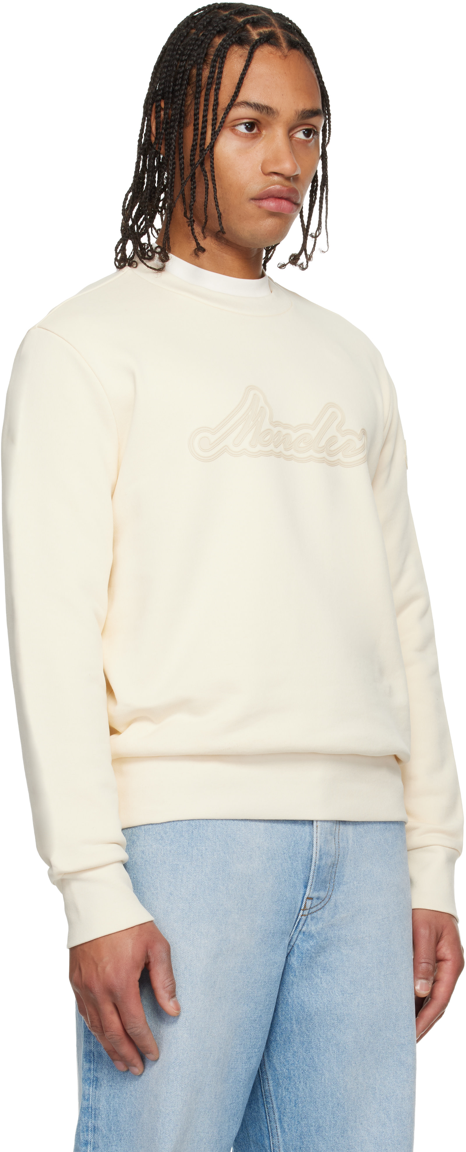 Moncler - Pull molletonné blanc cassé en coton à logo manuscrit