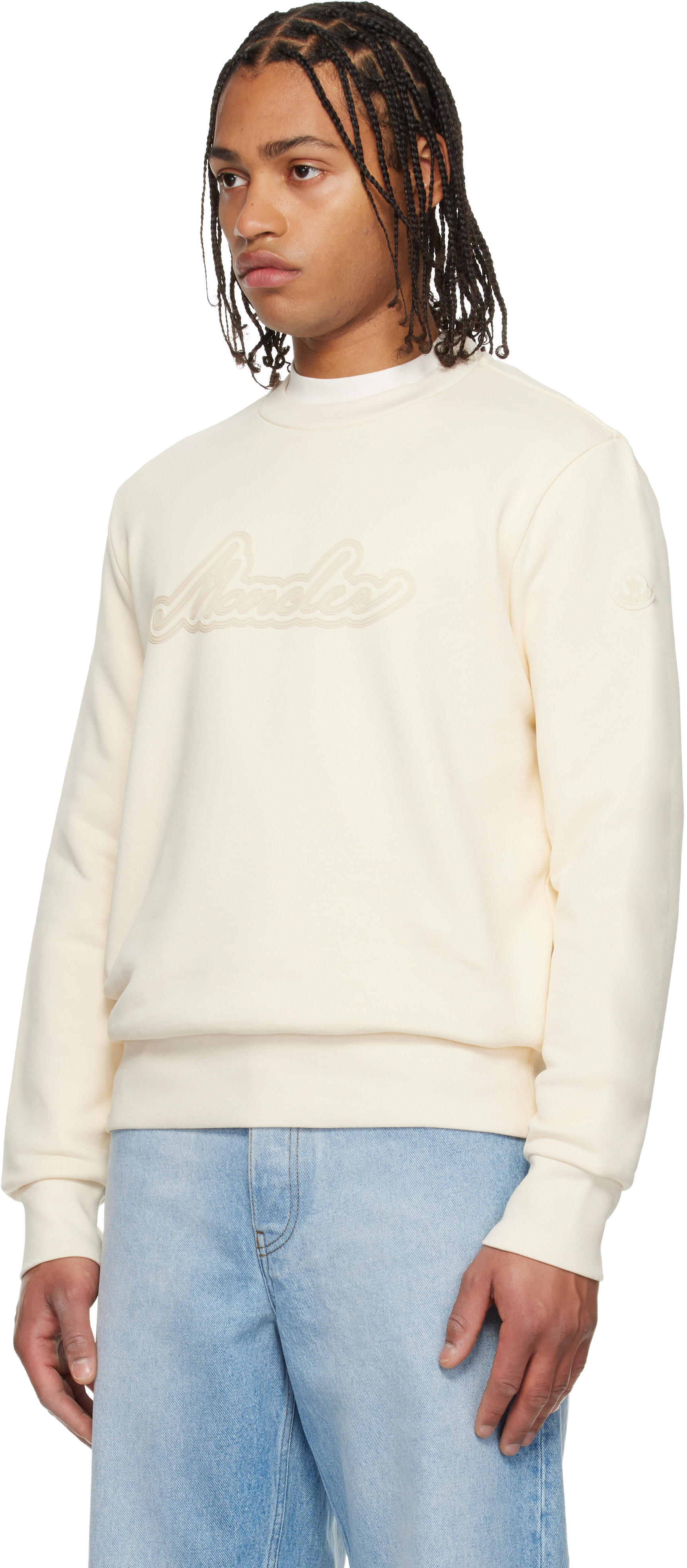 Moncler - Pull molletonné blanc cassé en coton à logo manuscrit