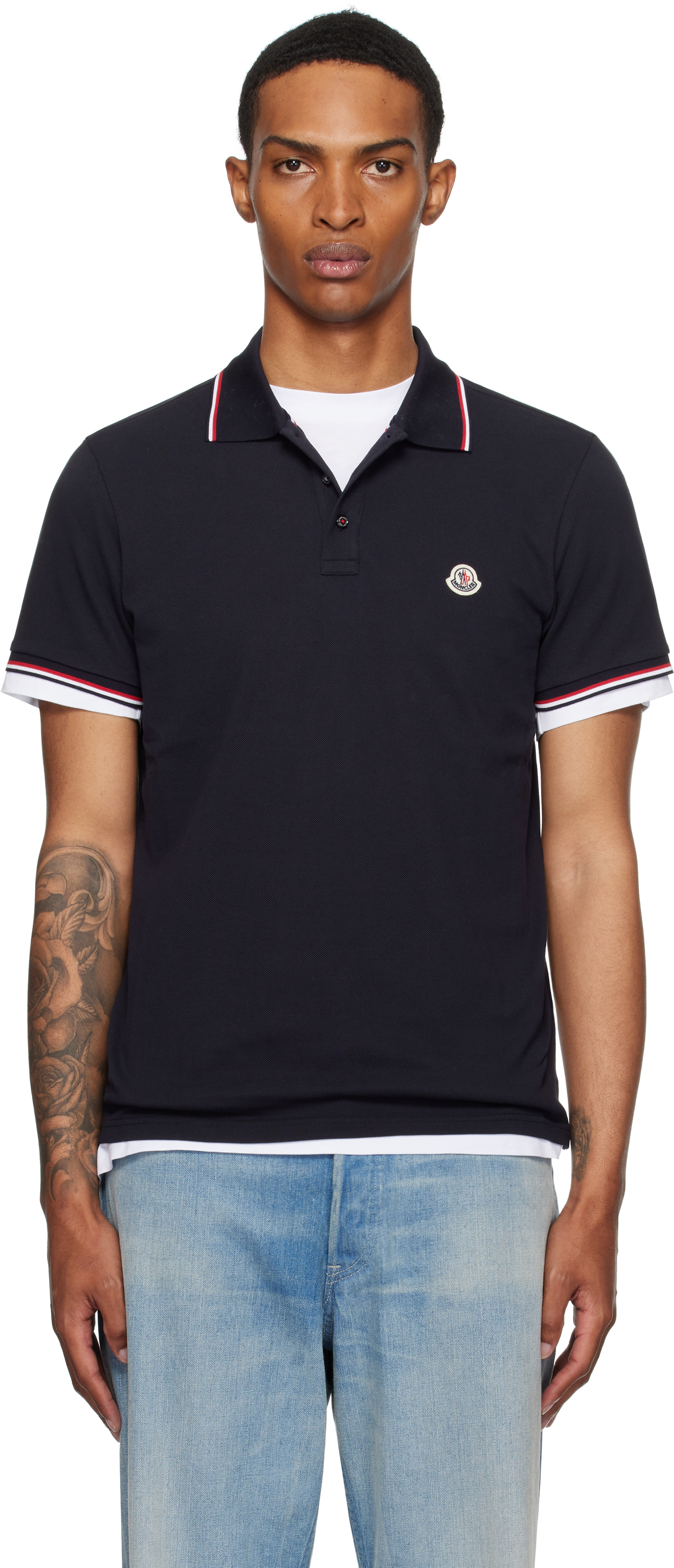 Moncler: Navy Tricolor-Trimmed Cotton Piquet Polo | SSENSE