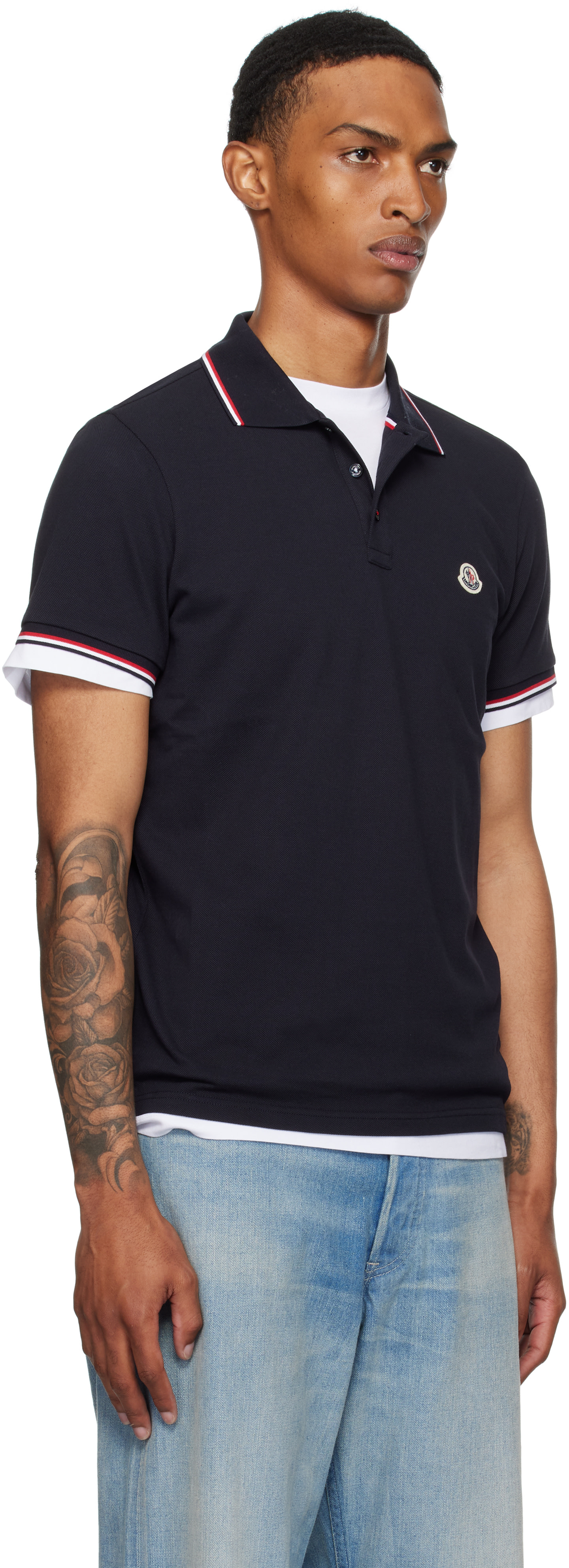 Moncler: Navy Tricolor-Trimmed Cotton Piquet Polo | SSENSE United