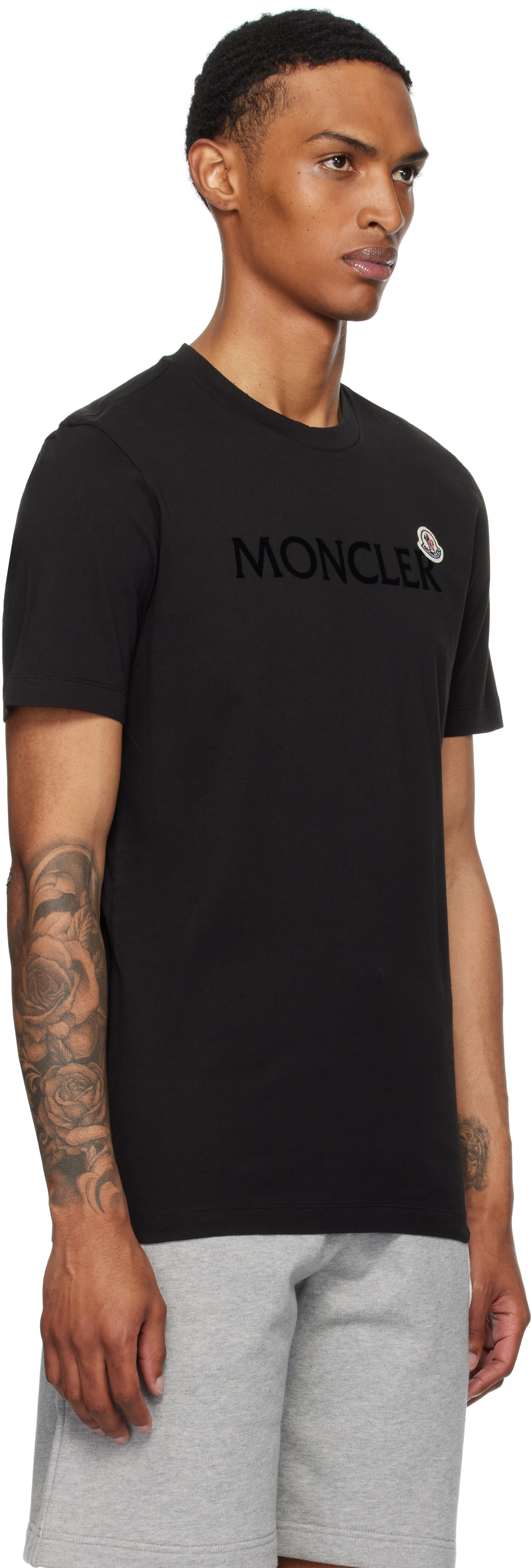 Moncler: Black Flocked Logo Cotton T-shirt | SSENSE