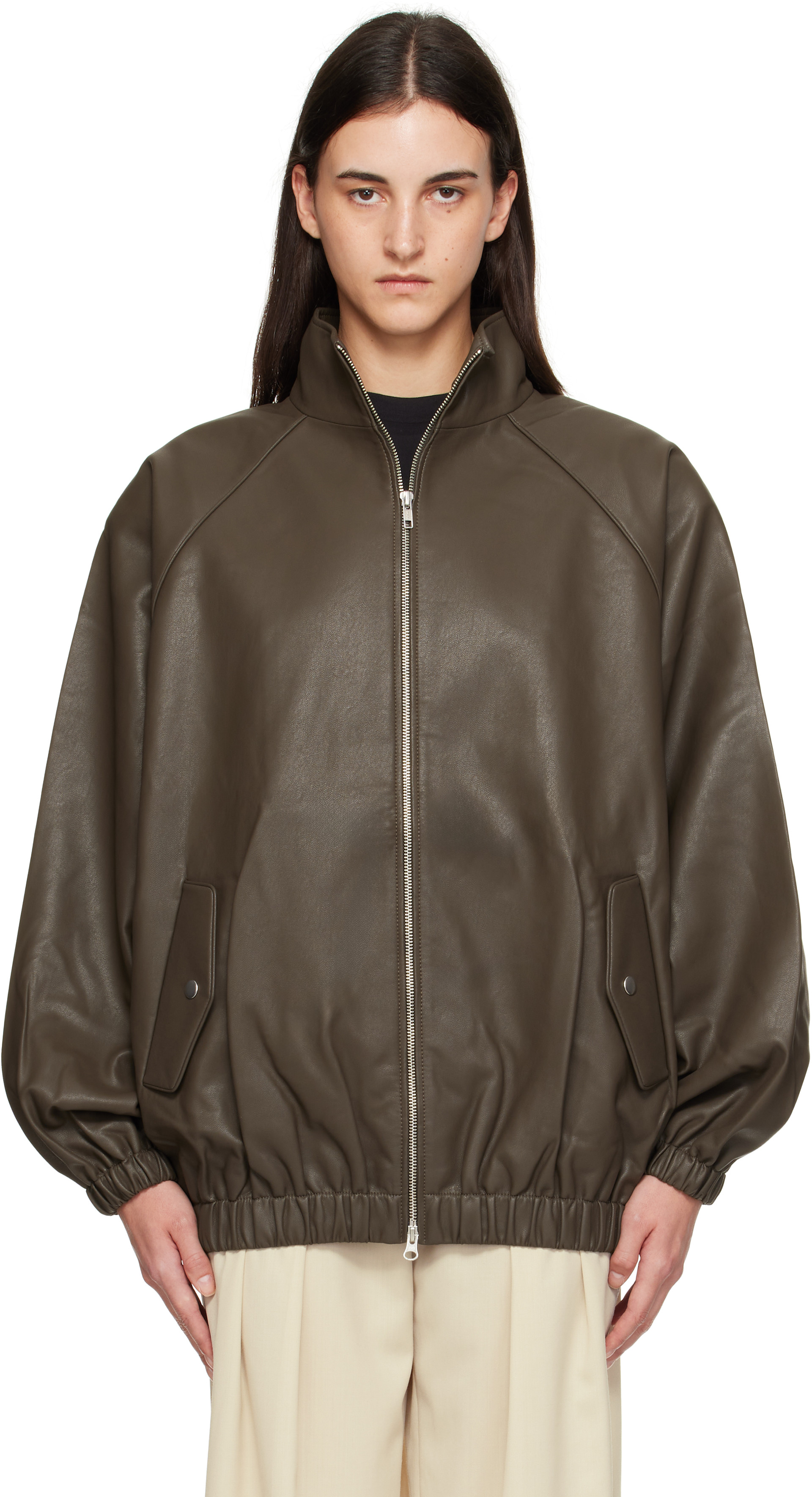 The Frankie Shop: Taupe Senta Faux-Leather Bomber Jacket | SSENSE The Frankie Shop: Taupe Senta Faux-Leather Bomber Jacket | SSENSE