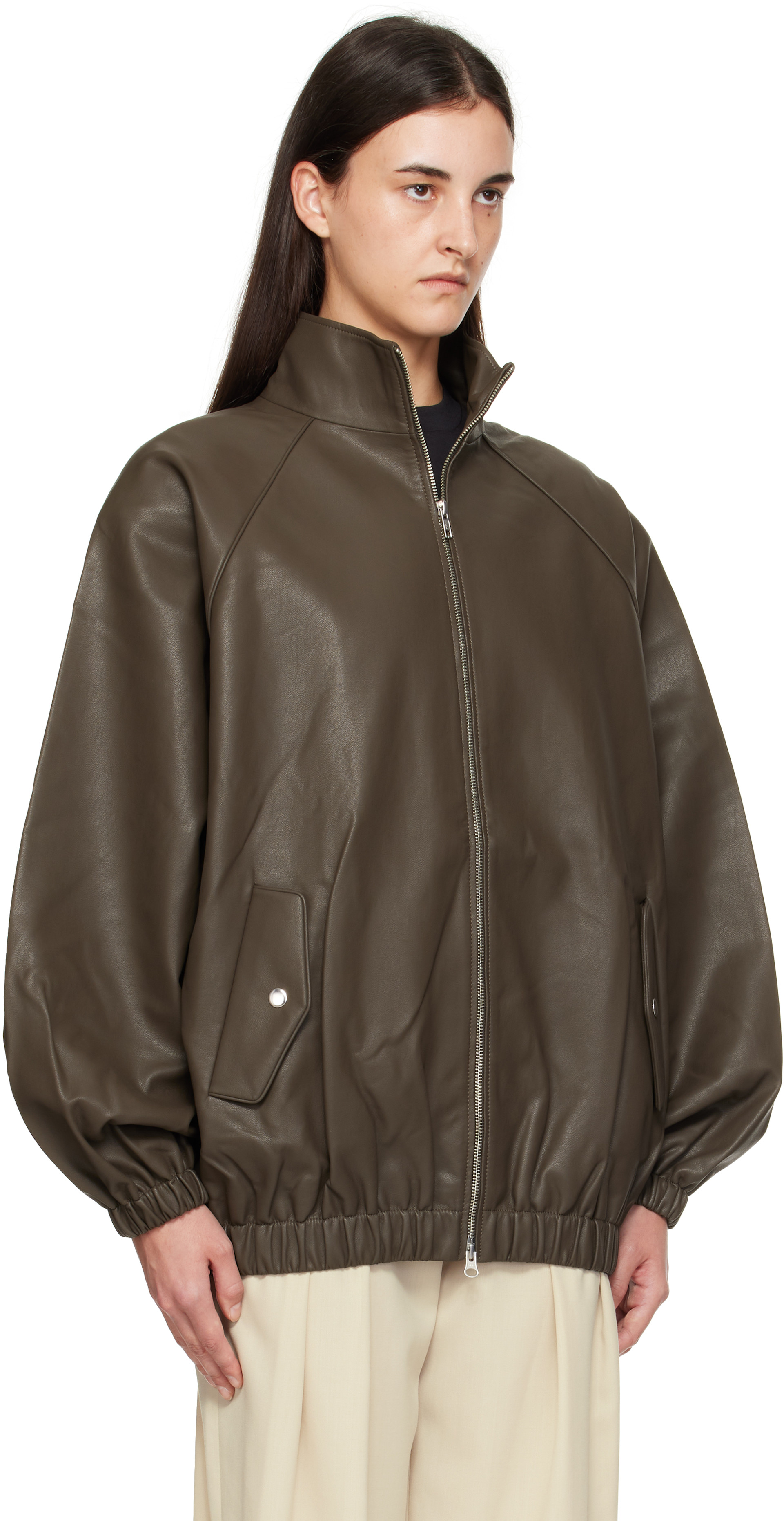 The Frankie Shop: Taupe Senta Faux-Leather Bomber Jacket | SSENSE