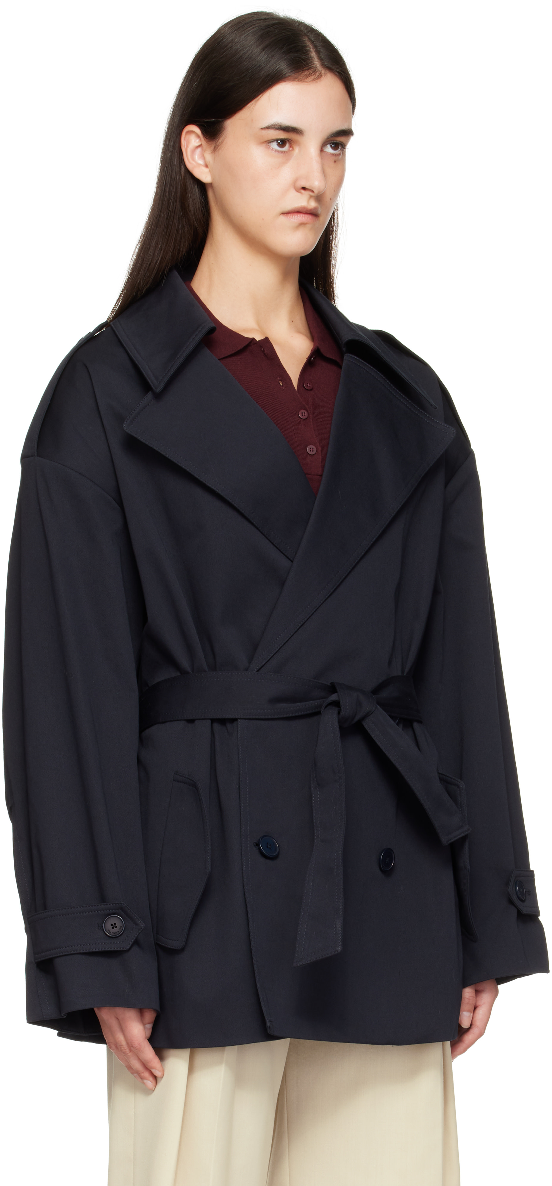 The Frankie Shop: Navy Zurich Oversized Short Trench Coat | SSENSE