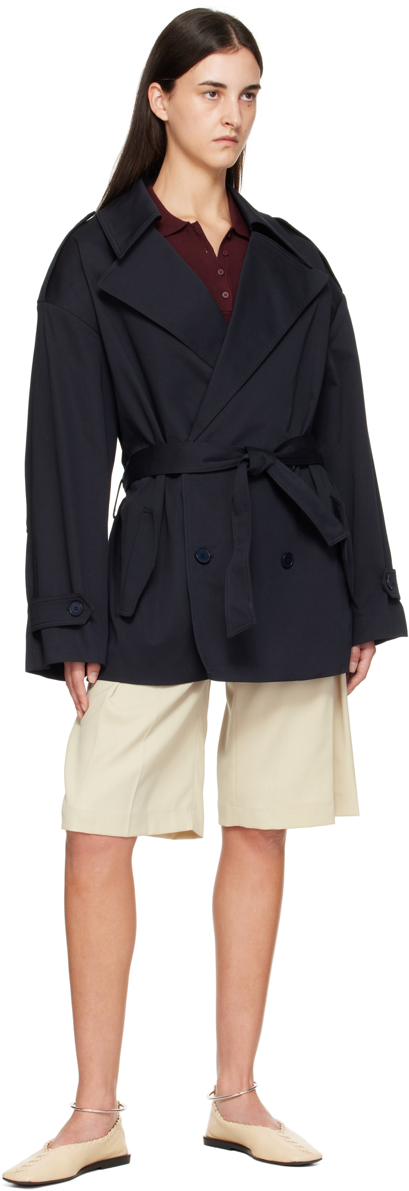 The Frankie Shop: Navy Zurich Oversized Short Trench Coat | SSENSE