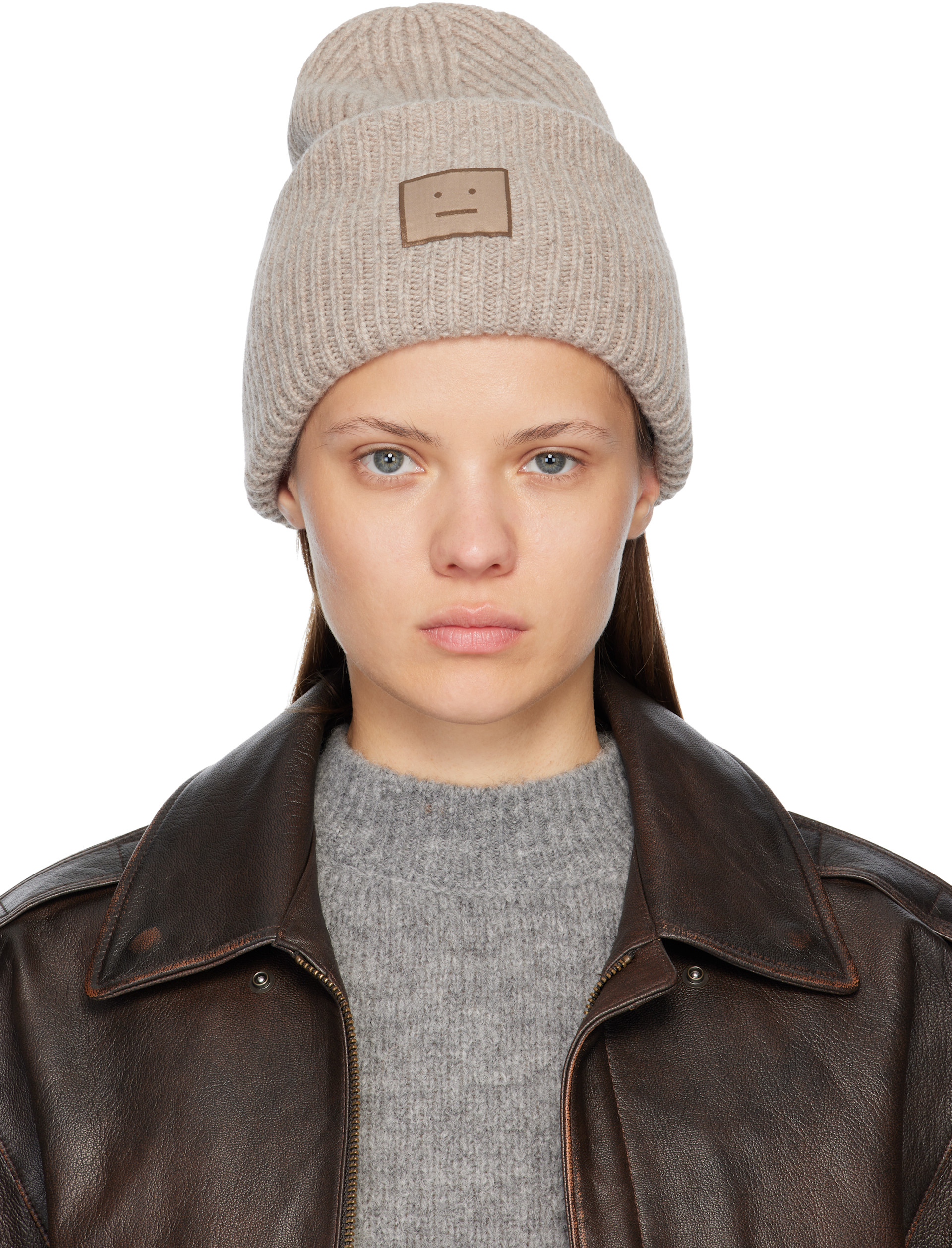 Acne Studios: Beige Large Face Logo Beanie | SSENSE Canada