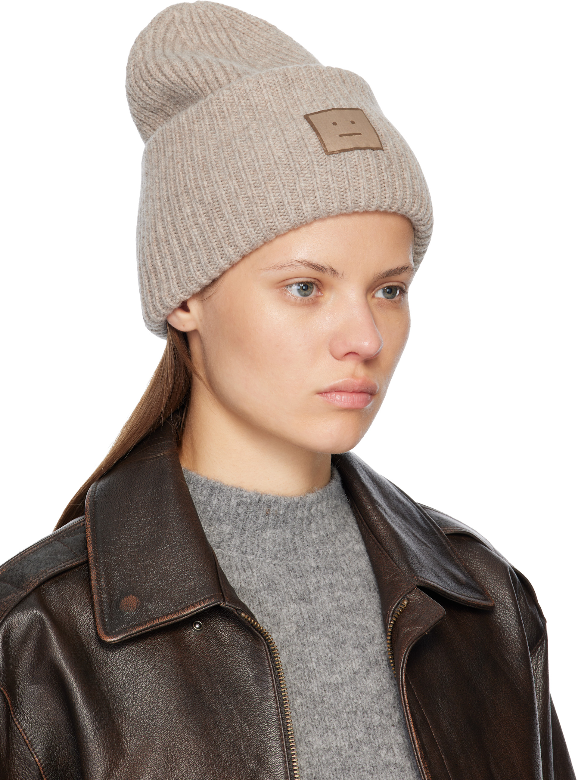 Acne Studios: Beige Large Face Logo Beanie | SSENSE Canada