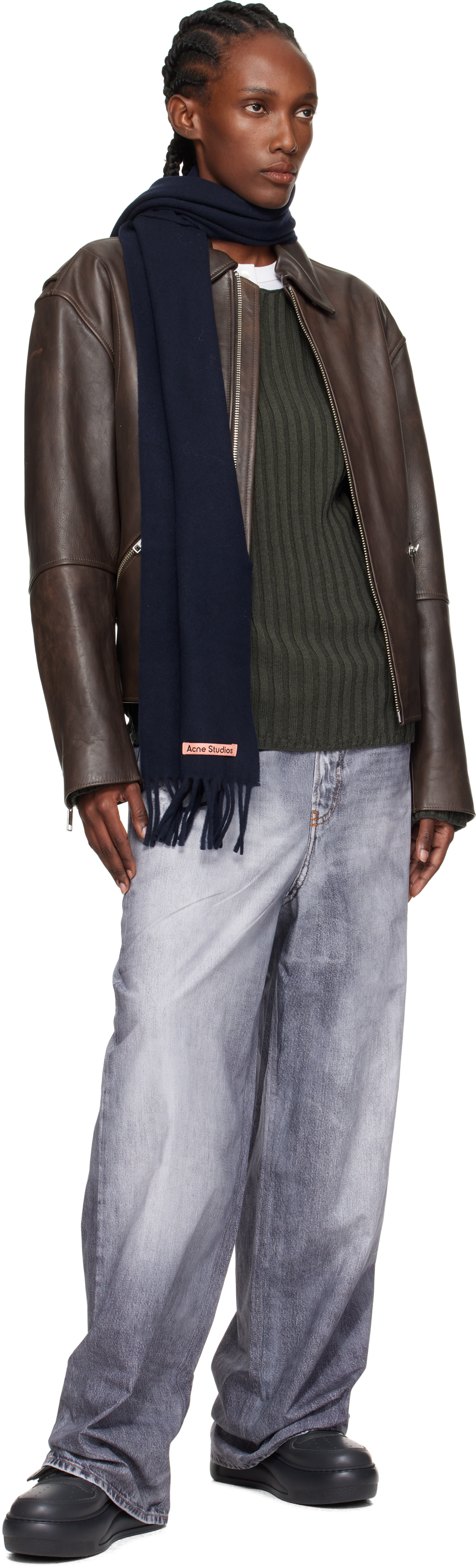Acne Studios: Navy Skinny Fringe Wool Scarf | SSENSE