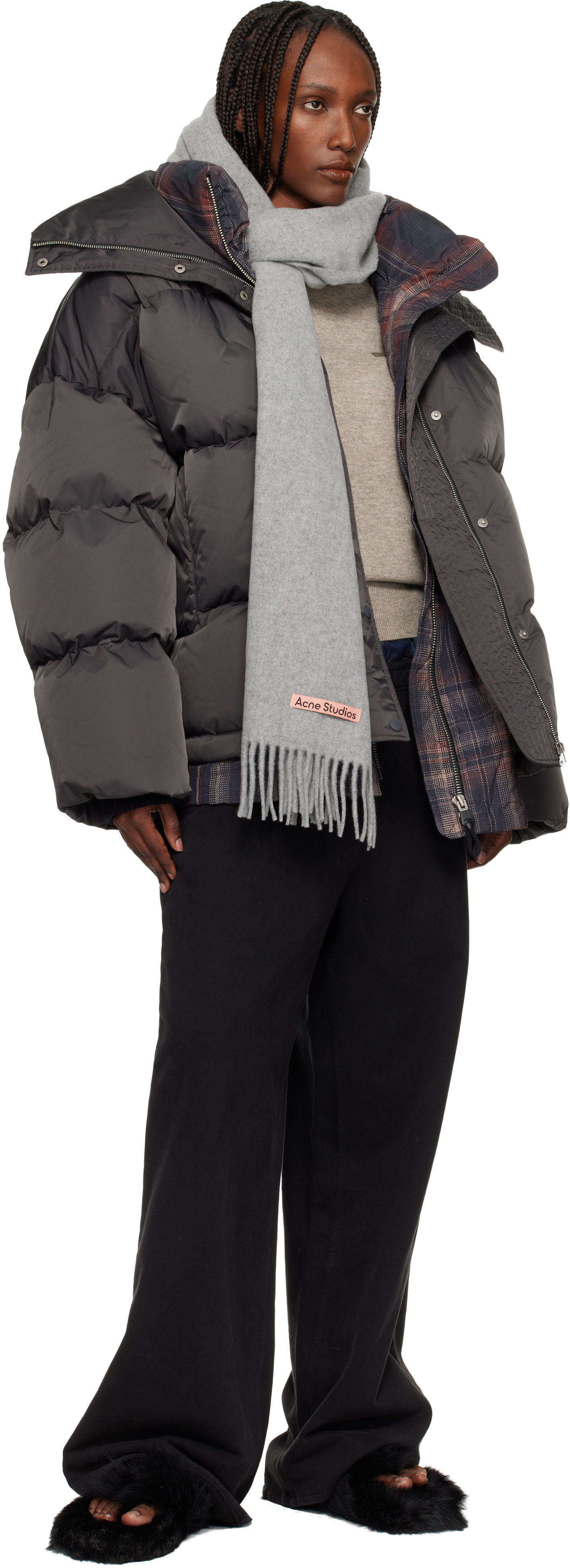 Acne Studios フリンジウール マフラー グレー Acne Studios: Gray Narrow Fringe Wool Scarf | SSENSE