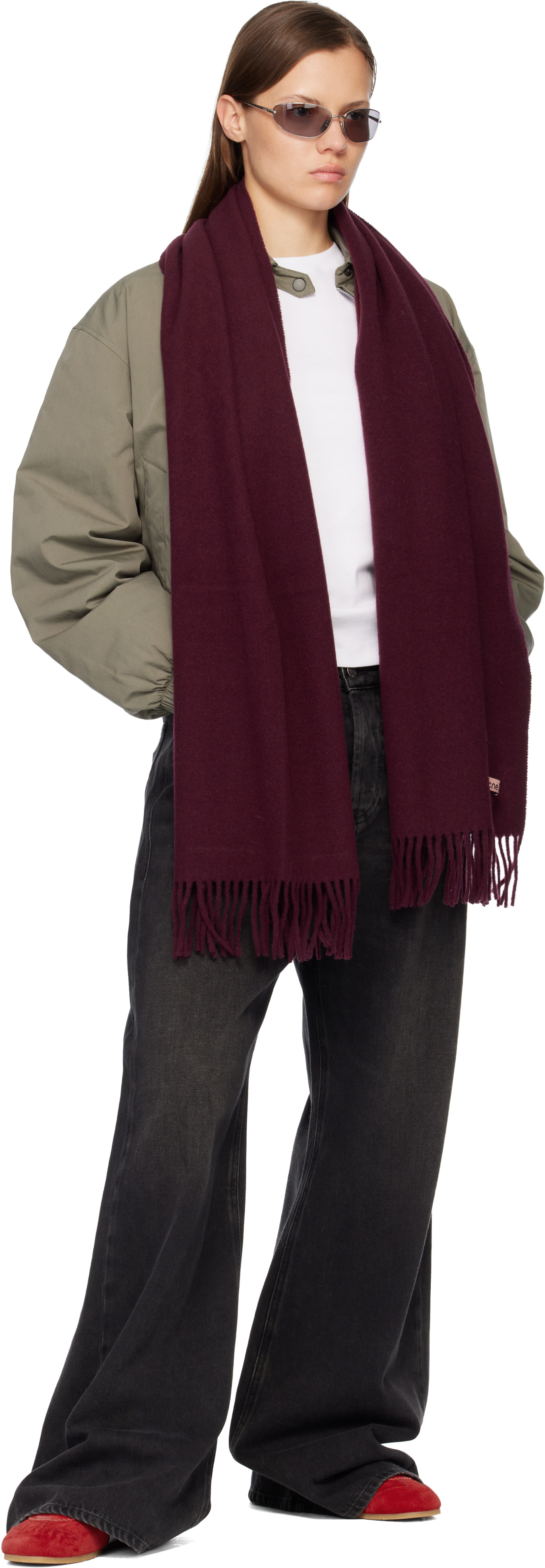 Acne Studios: Burgundy Narrow Fringe Wool Scarf | SSENSE