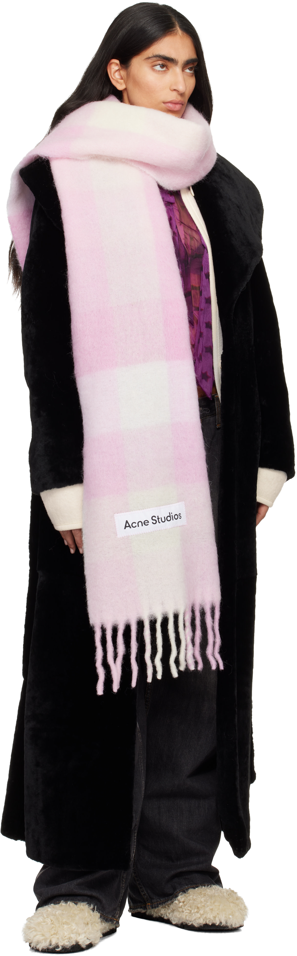 Acne Studios: Pink Mohair Checked Scarf | SSENSE