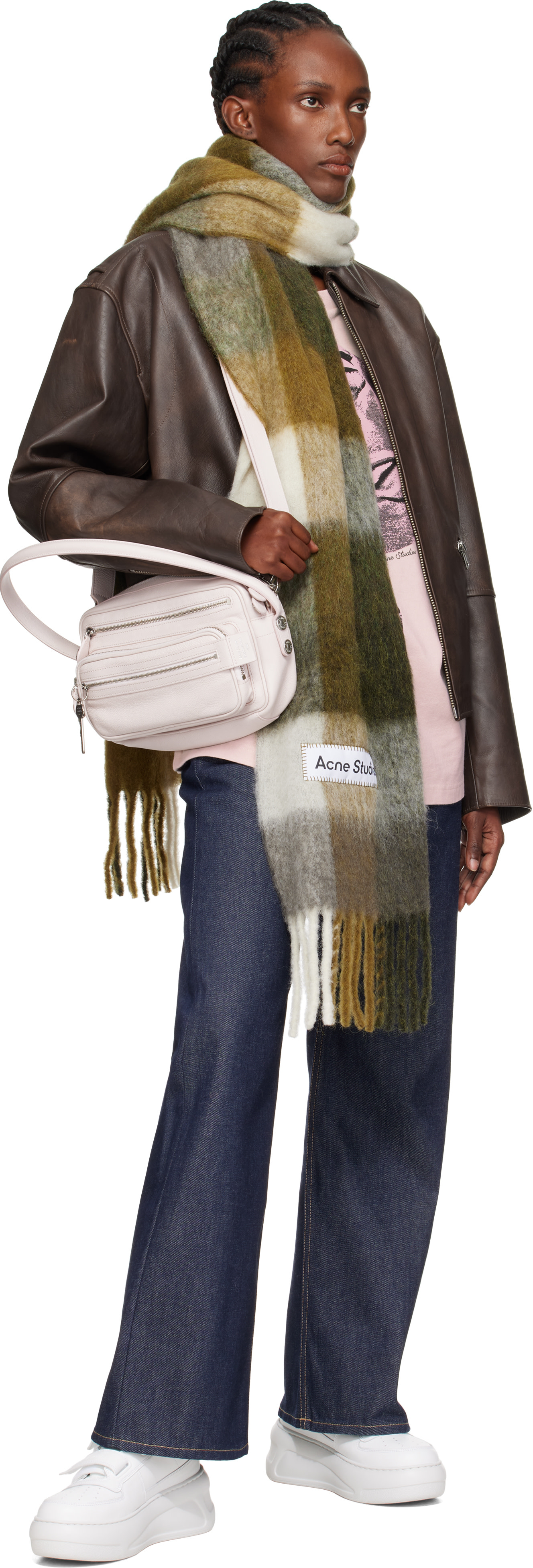 Acne studio ビタミンカラー✨チェック柄マフラー Acne Studios: カーキ＆オフホワイト ブロックチェック フリンジ