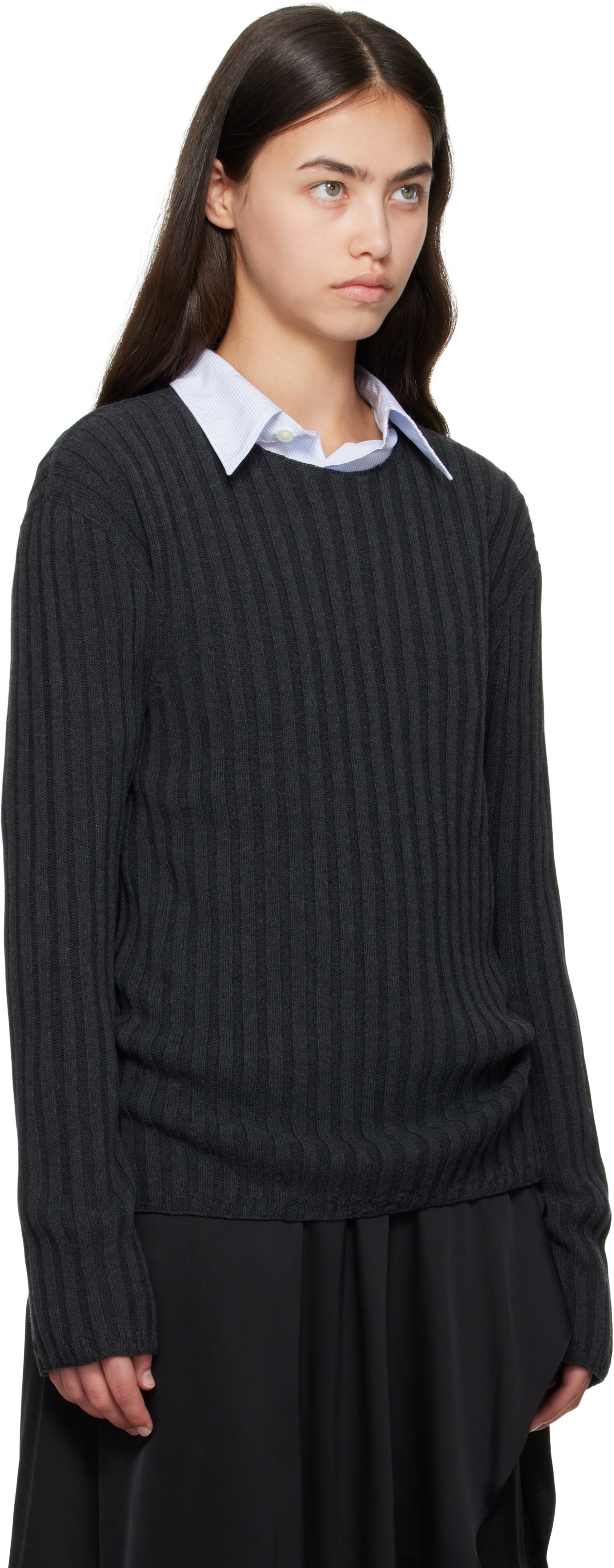 Acne Studios - Pull gris en tricot côtelé à col ras du cou