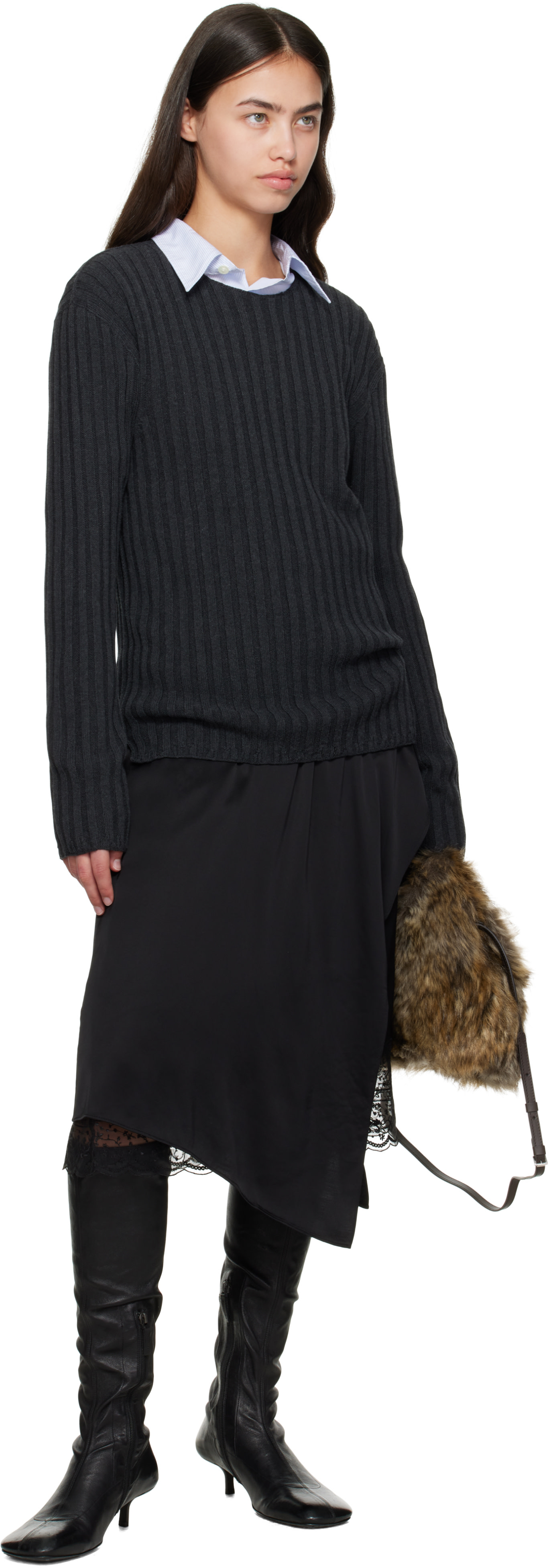 Acne Studios - Pull gris en tricot côtelé à col ras du cou