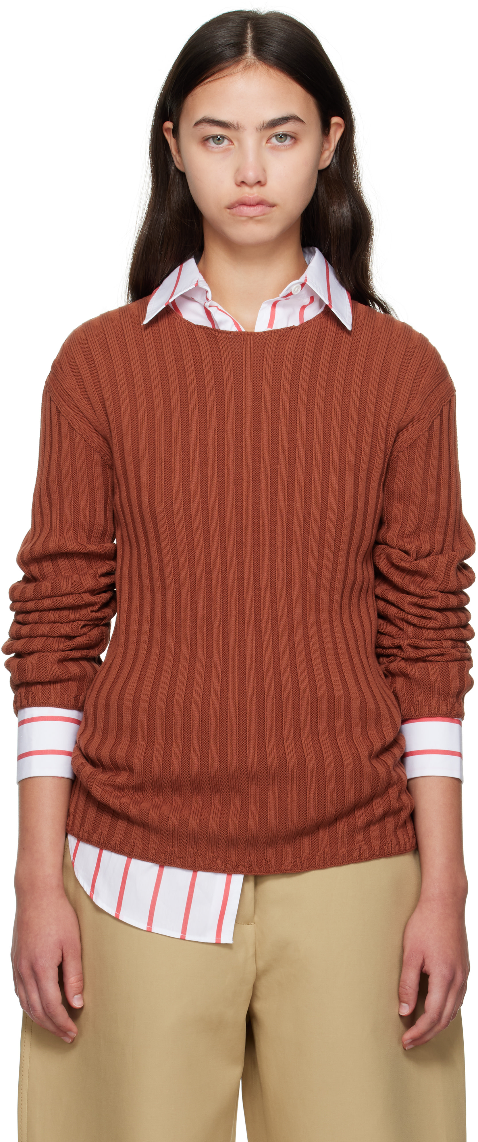 Acne Studios - Pull orange en tricot côtelé à col ras du cou