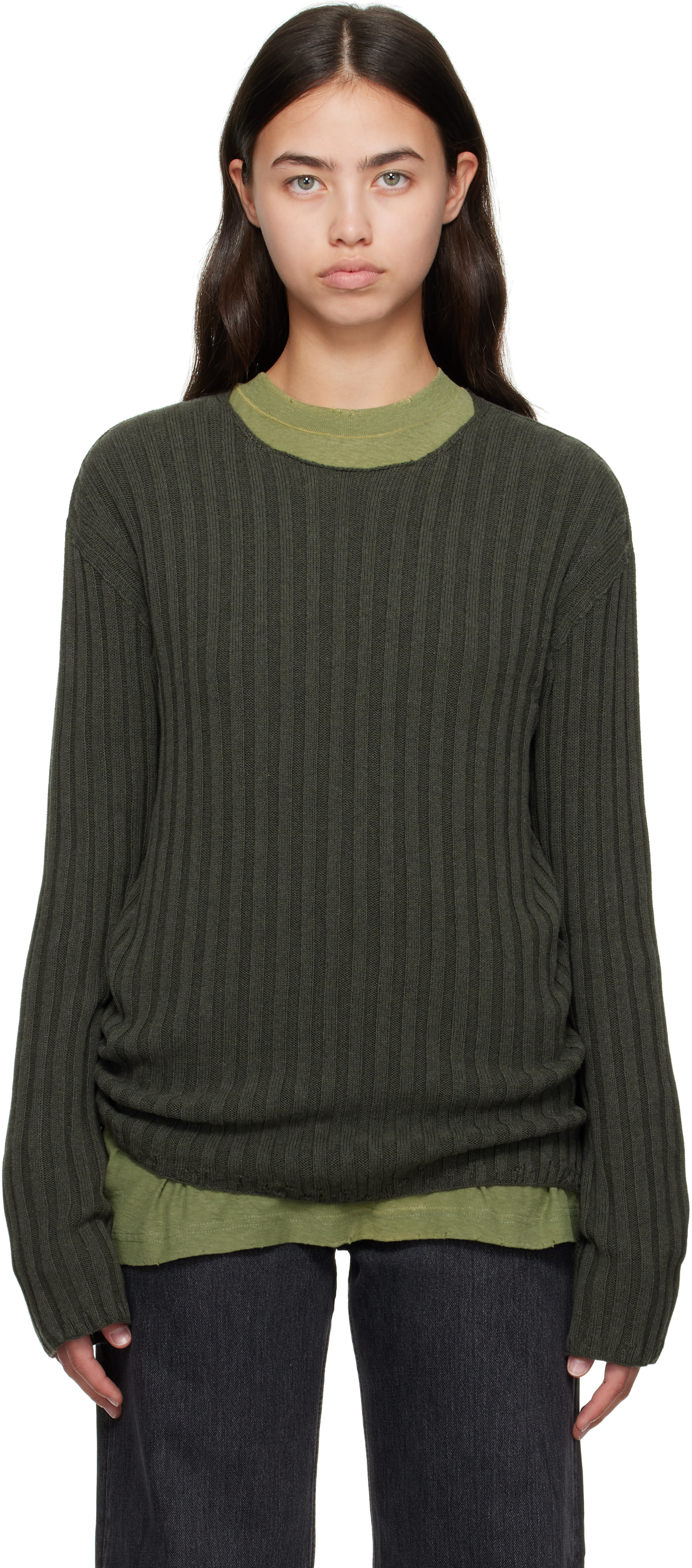 Acne Studios - Green Ribbed Crewneck Knit Sweater