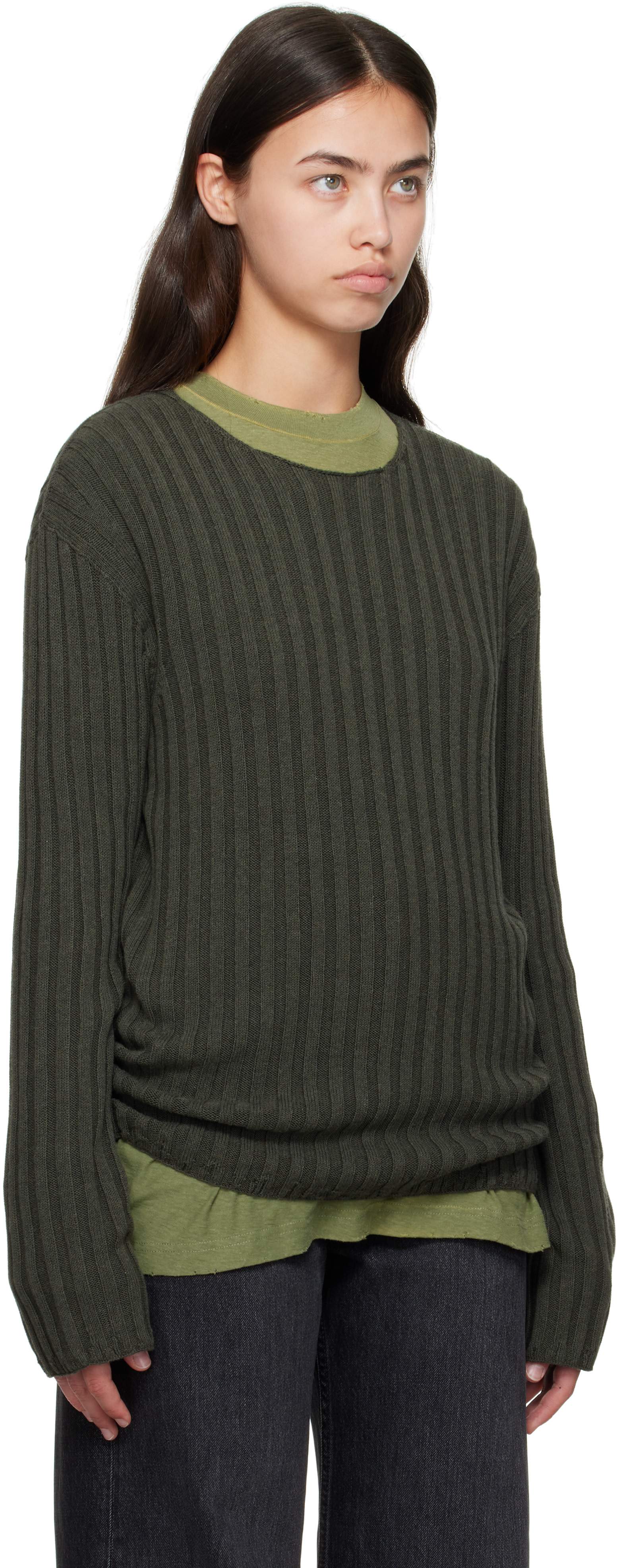 Acne Studios - Green Ribbed Crewneck Knit Sweater