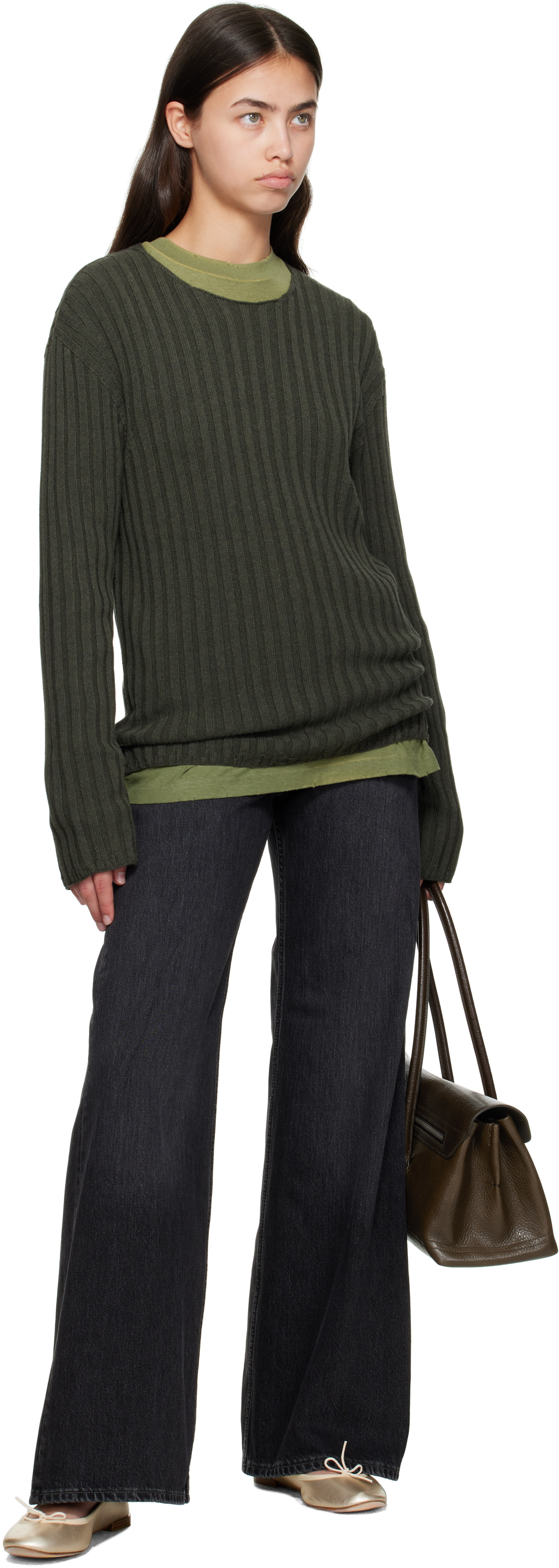 Acne Studios - Green Ribbed Crewneck Knit Sweater