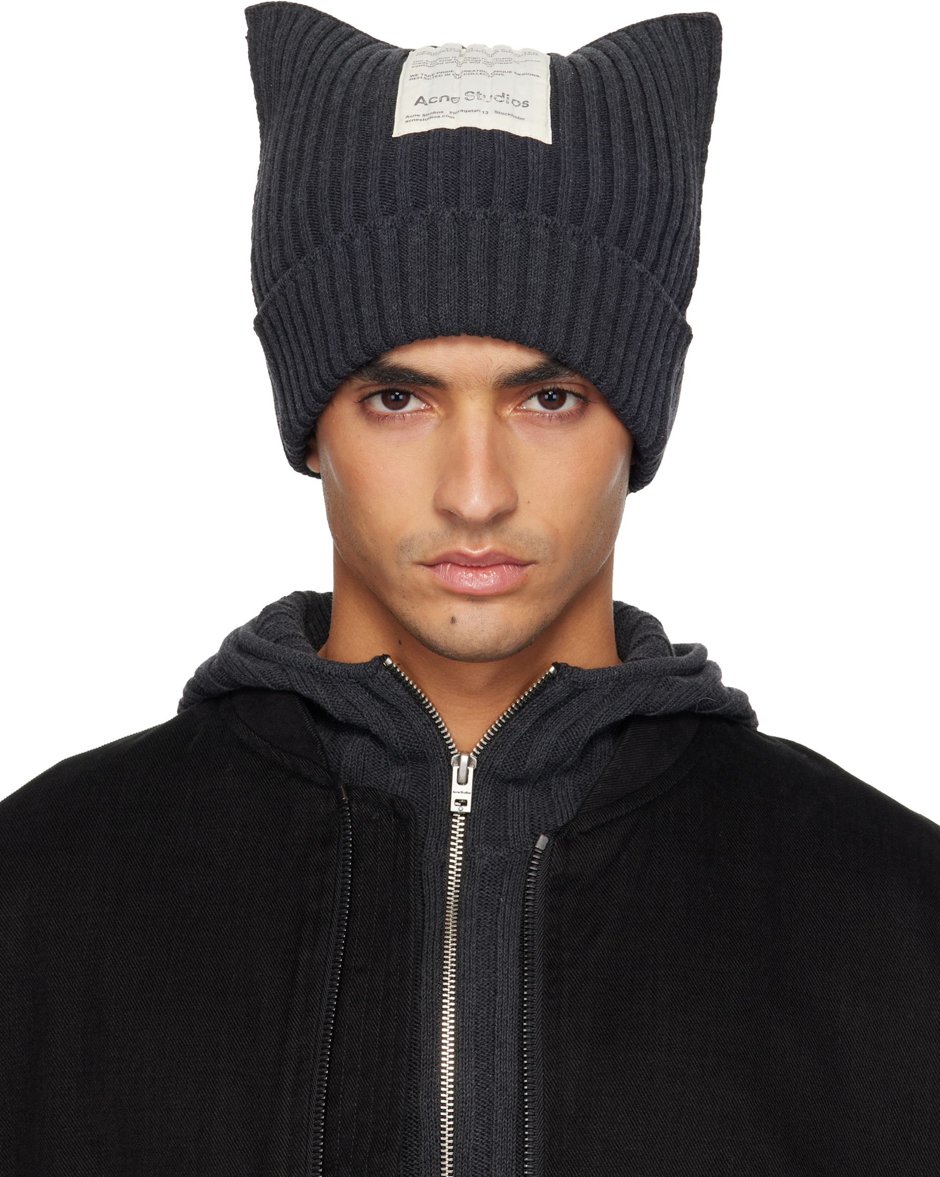 Acne Studios: Gray Ribbed Square Beanie | SSENSE