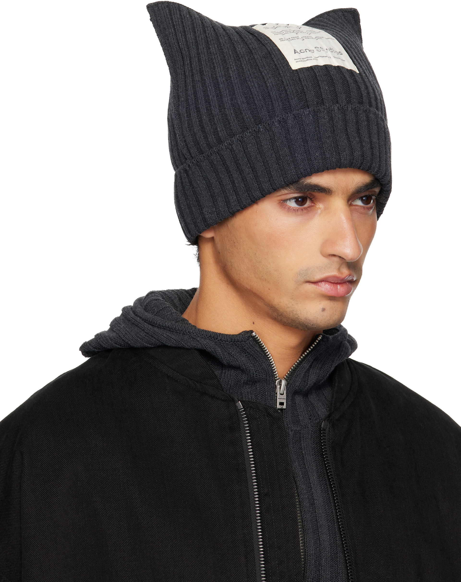 Acne Studios: Gray Ribbed Square Beanie | SSENSE