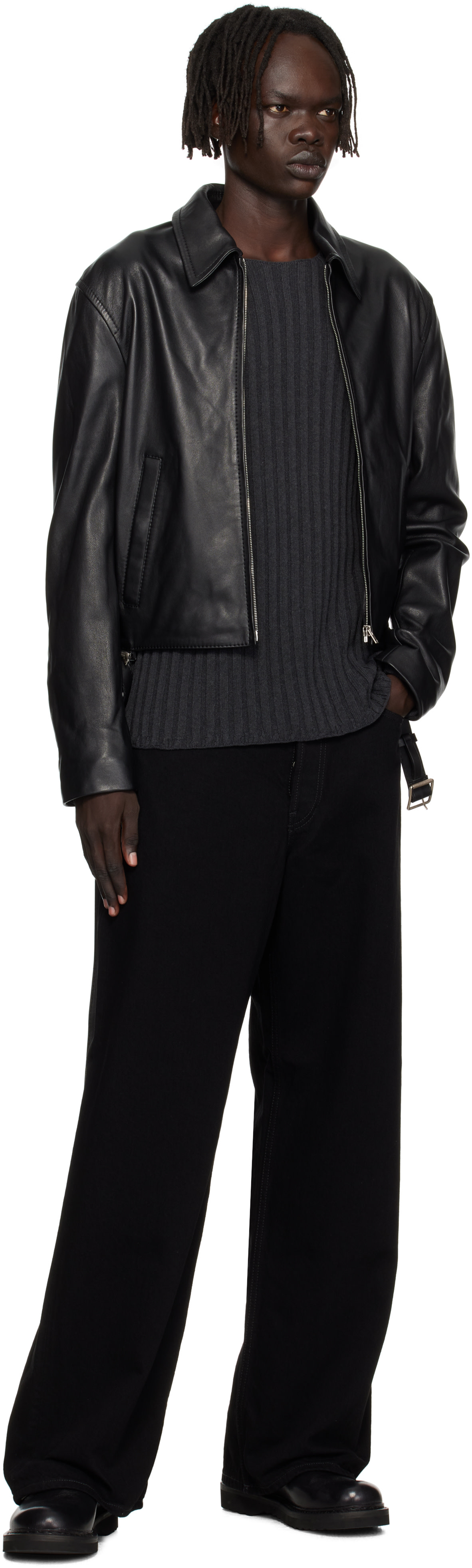 Acne Studios: ブラック ベルト レザージャケット | SSENSE 日本