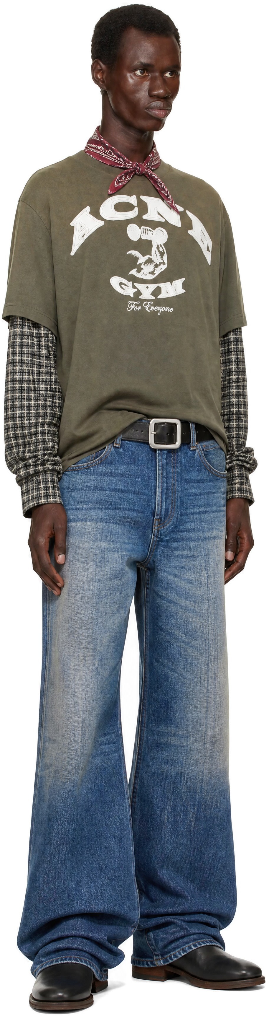 Acne Studios: Khaki Layered Logo Long Sleeve T-shirt | SSENSE