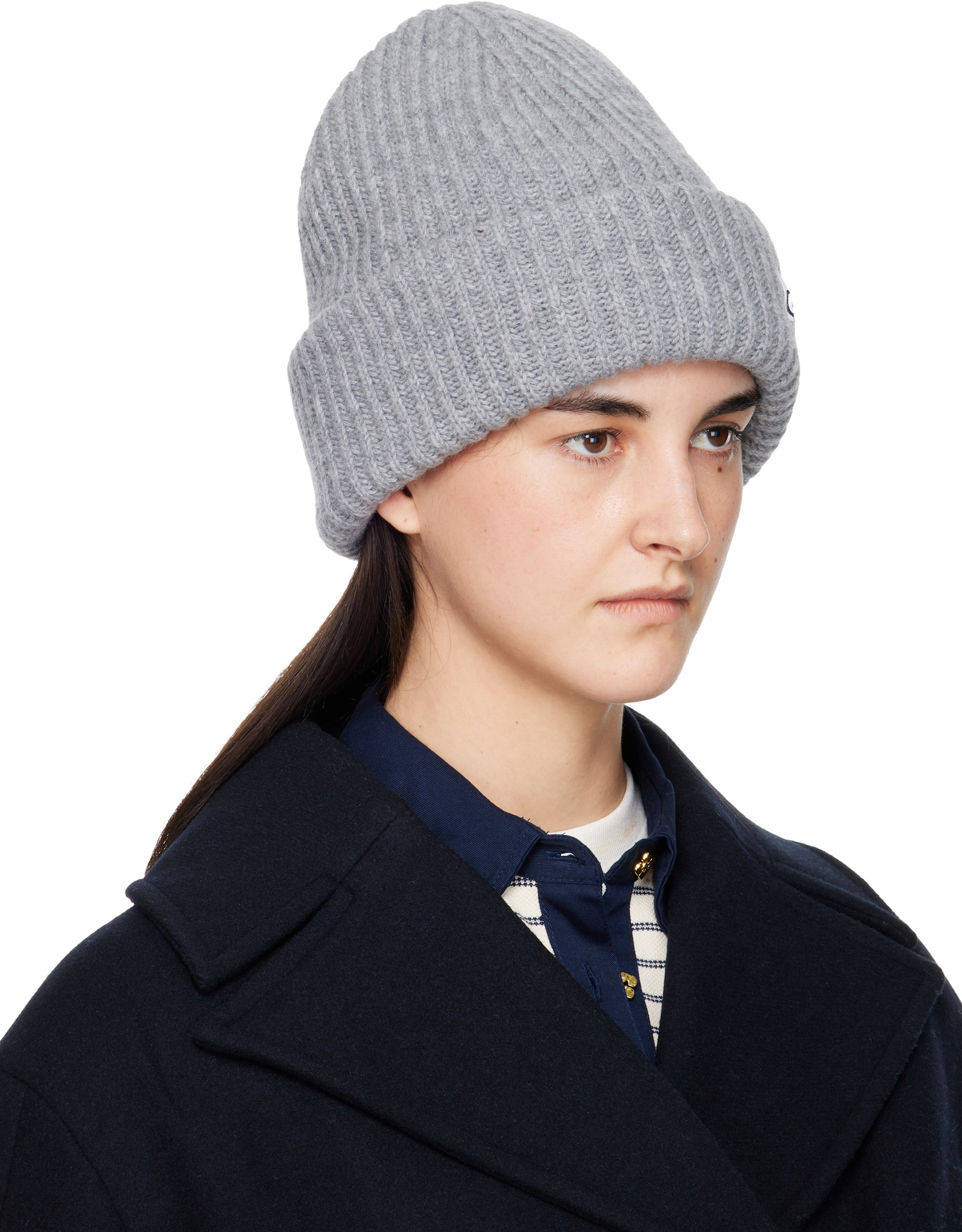 GANNI ニット キャップ GREY ビーニー Wool 混紡 グレー GANNI: Gray Oversized Wool Rib Knit Beanie | SSENSE