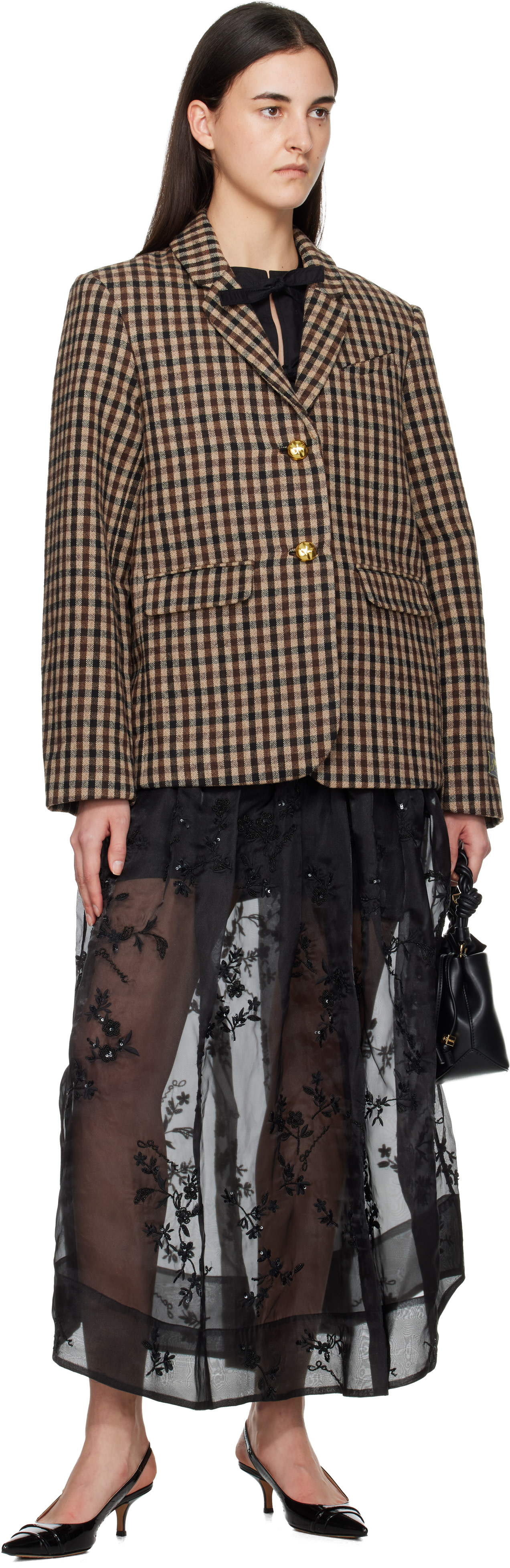 GANNI: ブラウン チェック ウール テーラードジャケット | SSENSE 日本