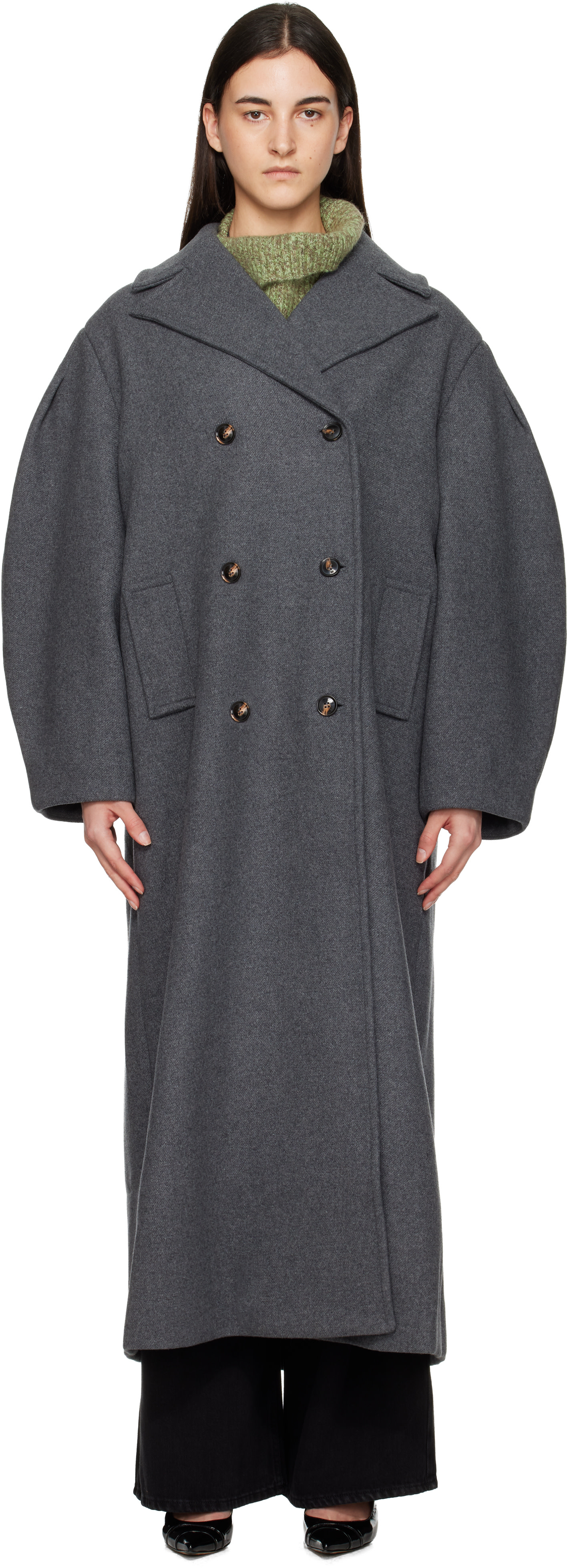 GANNI: Gray Wool Oversized Long Pea Coat | SSENSE