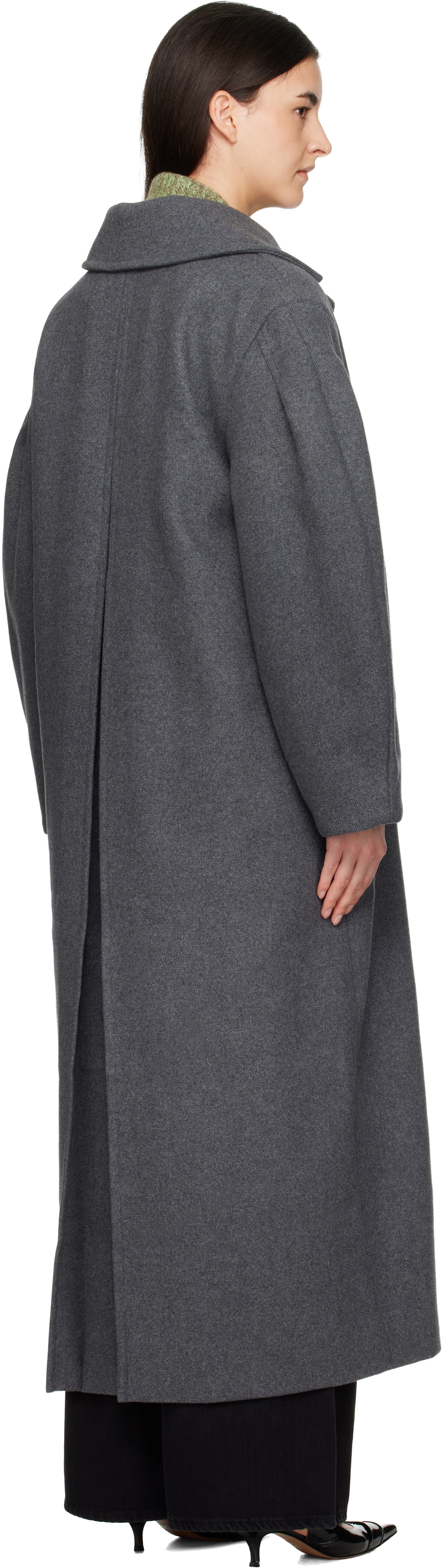 GANNI: Gray Wool Oversized Long Pea Coat | SSENSE Canada