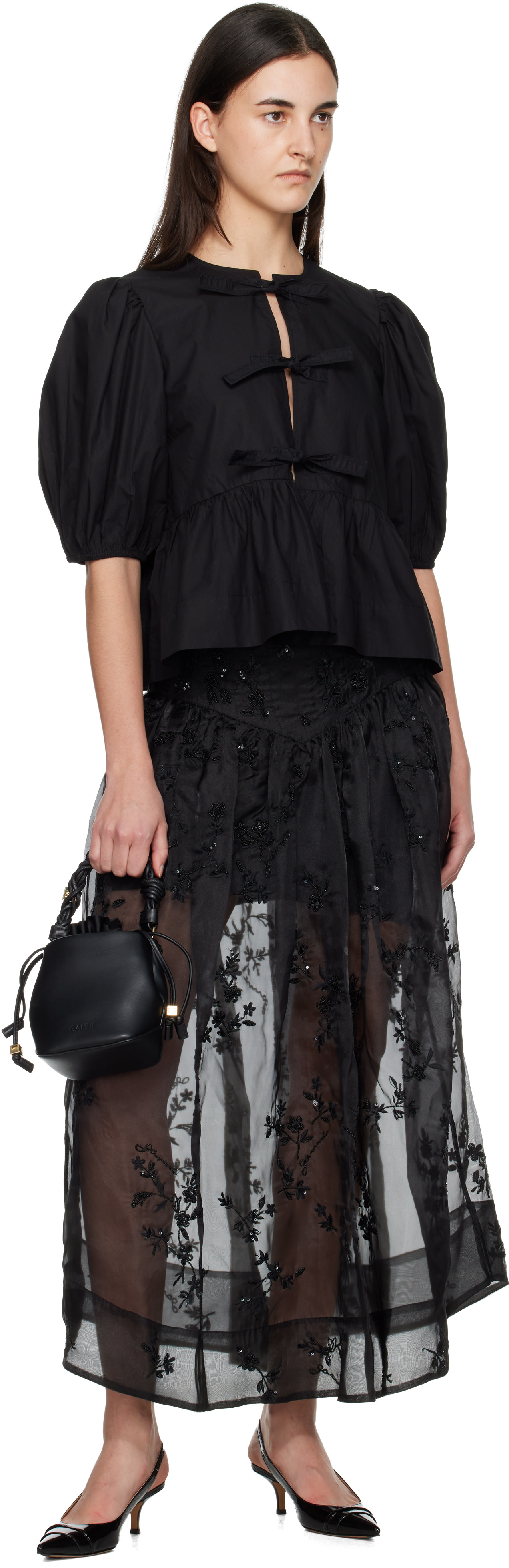GANNI: Black Cotton Poplin Peplum Tie Blouse | SSENSE