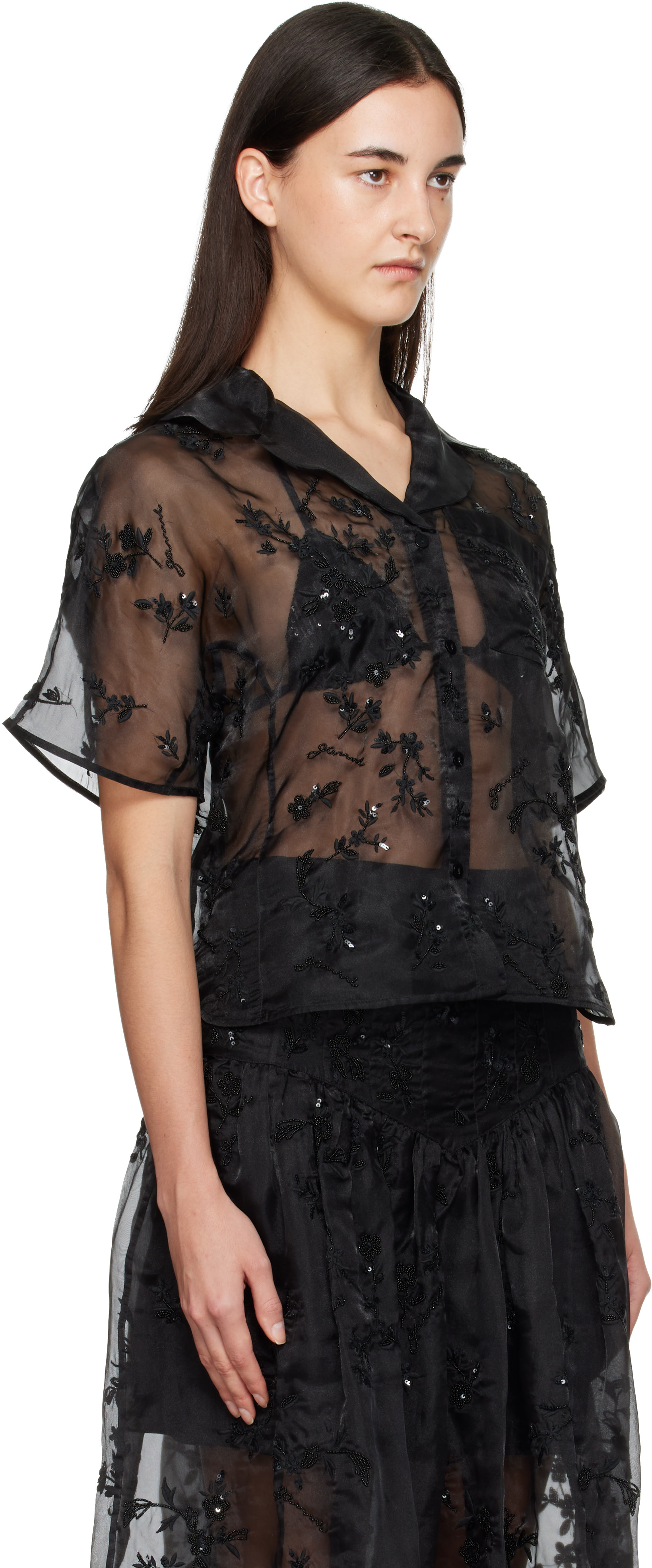 GANNI: Black Embellished Organza Shirt | SSENSE Spain