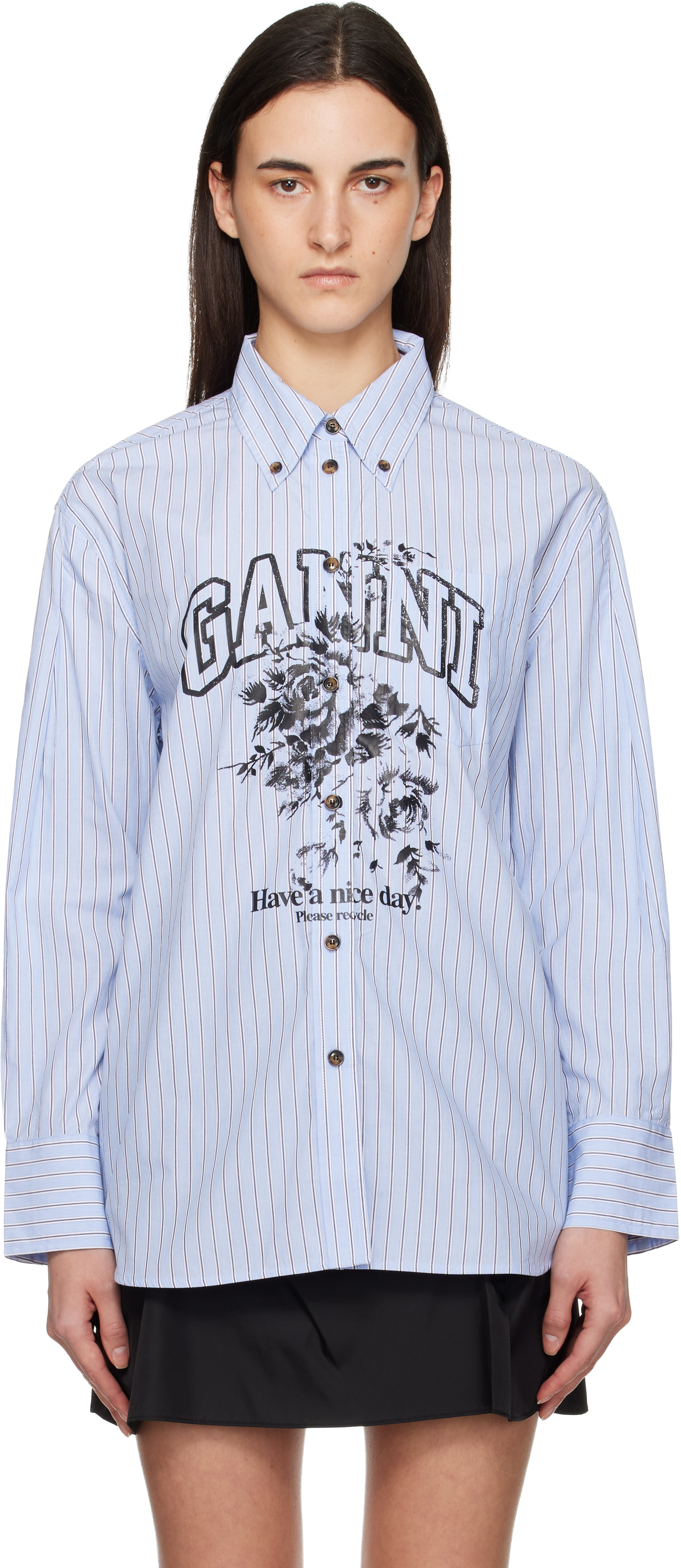 GANNI: Blue Stripe Logo Shirt | SSENSE