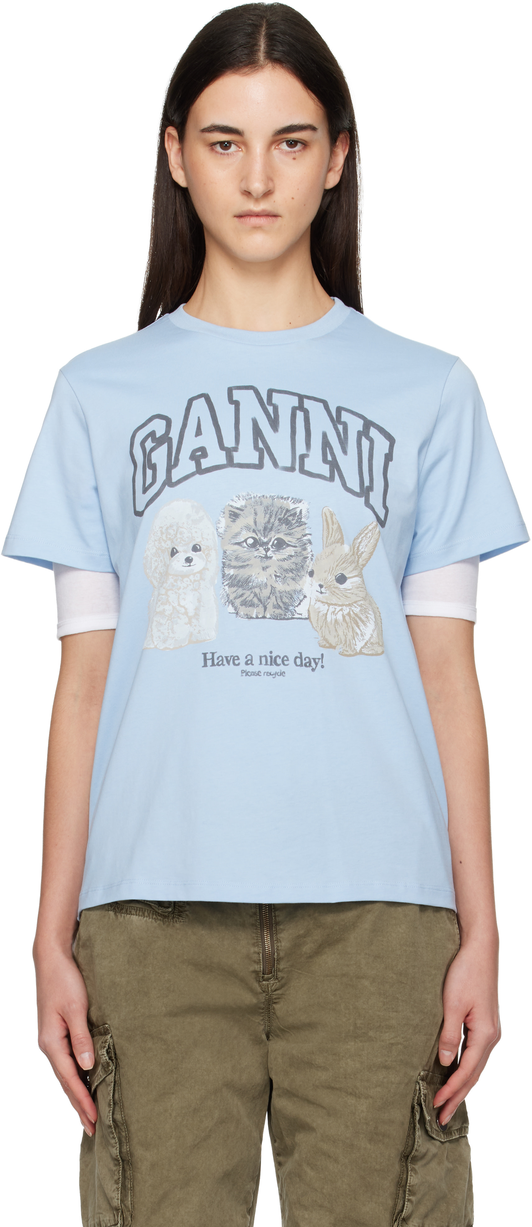 GANNI: Blue Animal Print T-shirt | SSENSE