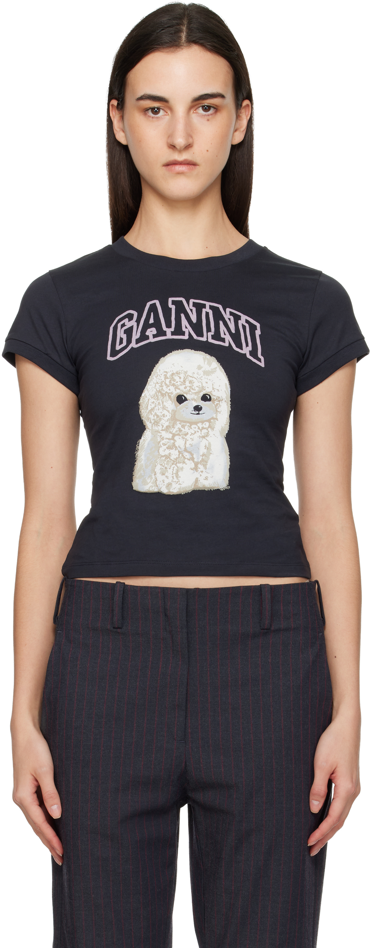 トップス GANNI Poodle Graphic T-Shirt GANNI: Black Poodle Baby Fit T-shirt | SSENSE