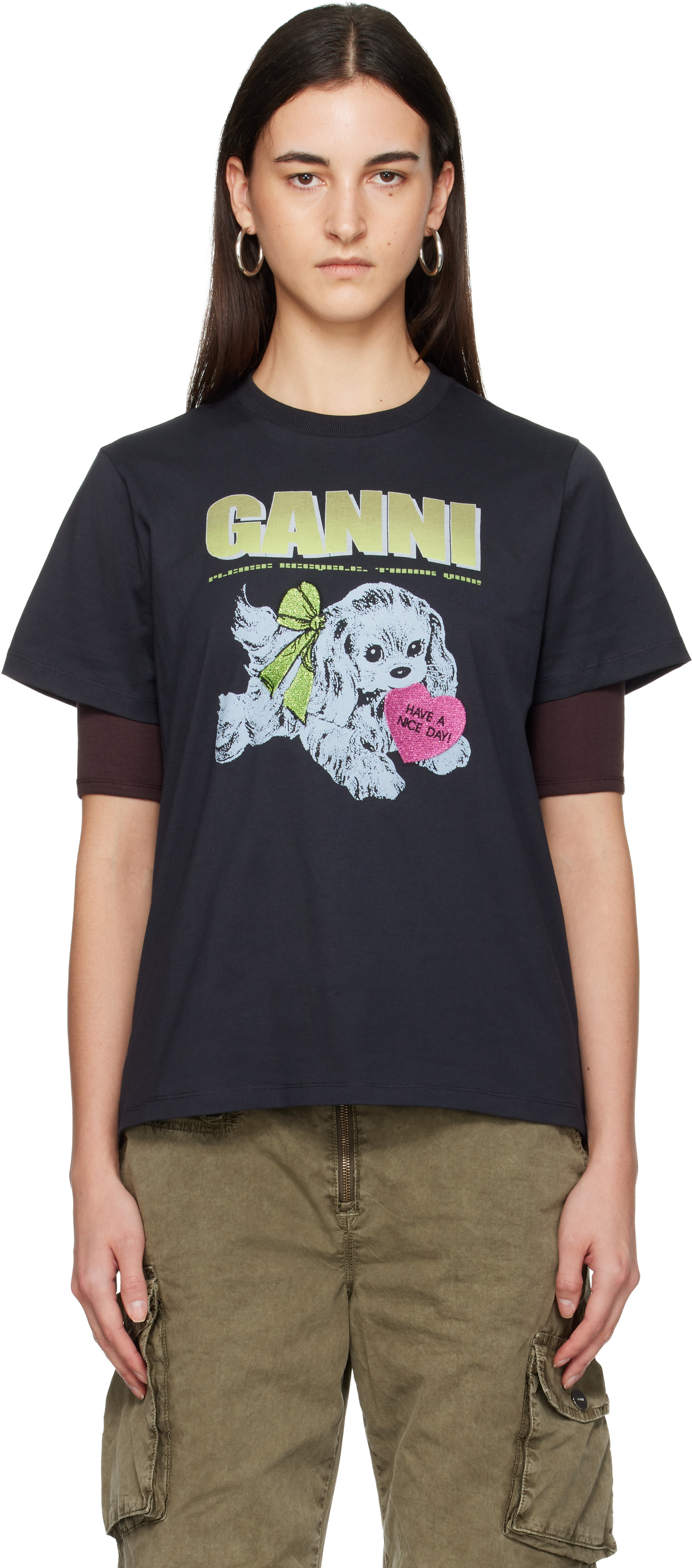 GANNI: Black Puppy T-shirt | SSENSE