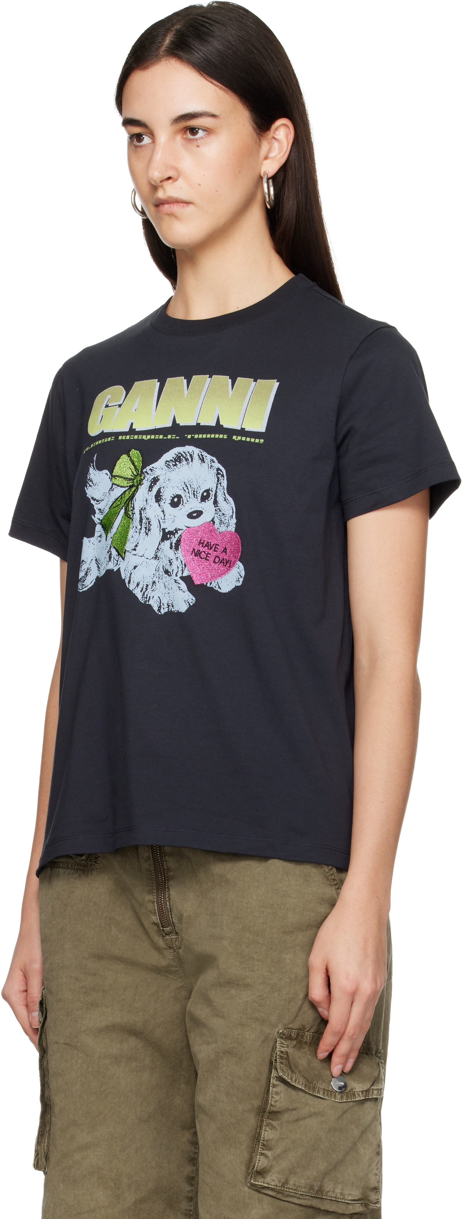 GANNI: ブラック Puppy Tシャツ | SSENSE 日本