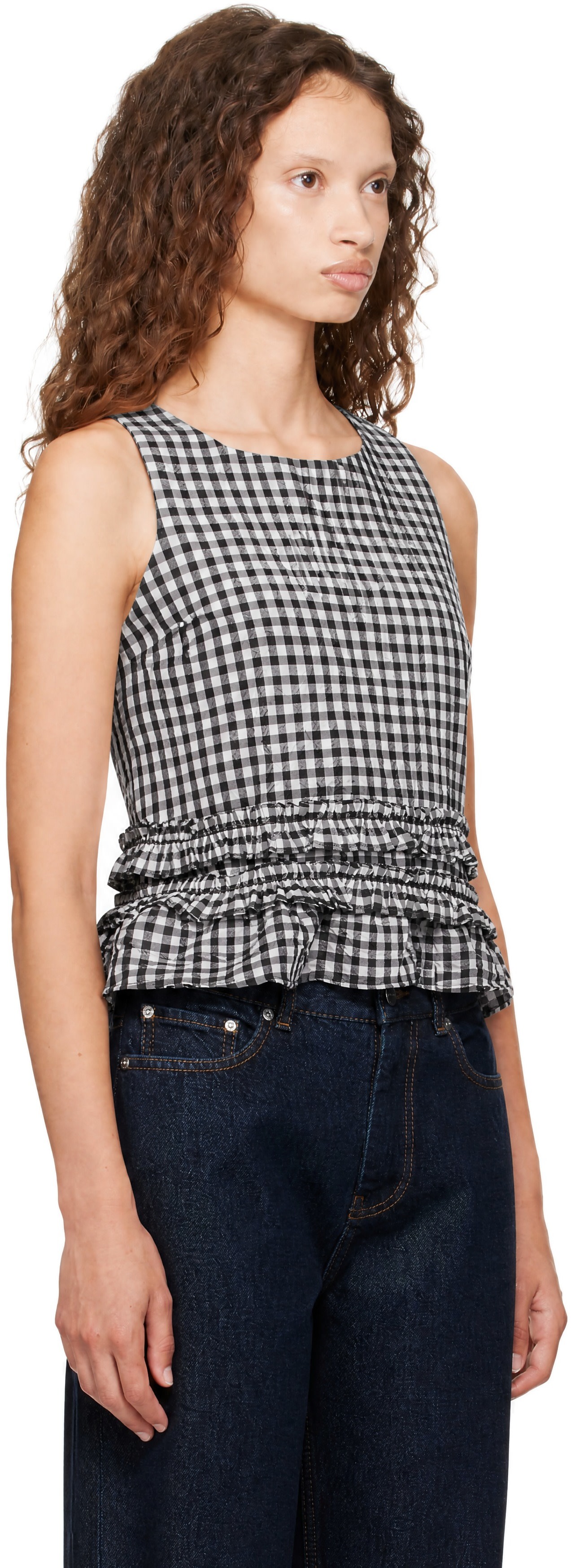 GANNI: Black & White Check Open Back Top | SSENSE