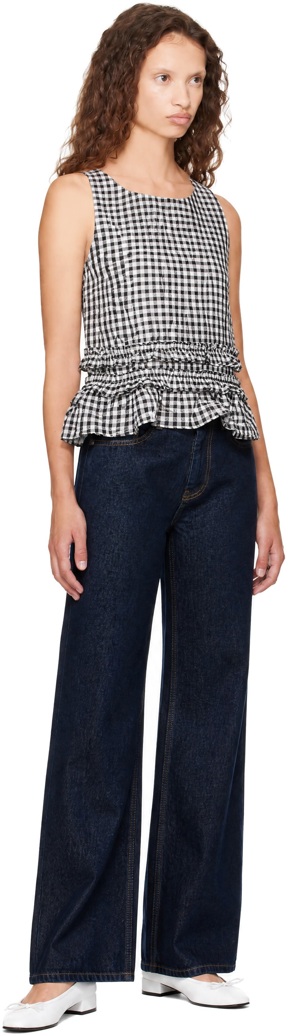 GANNI: Black & White Check Open Back Top | SSENSE