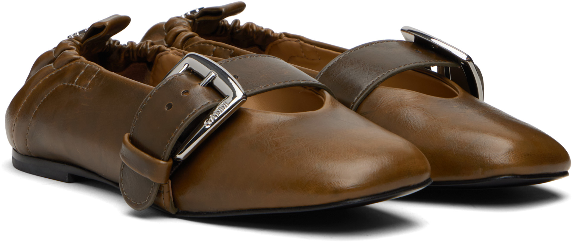 GANNI: Khaki Buckle Strap Ballerina Flats | SSENSE