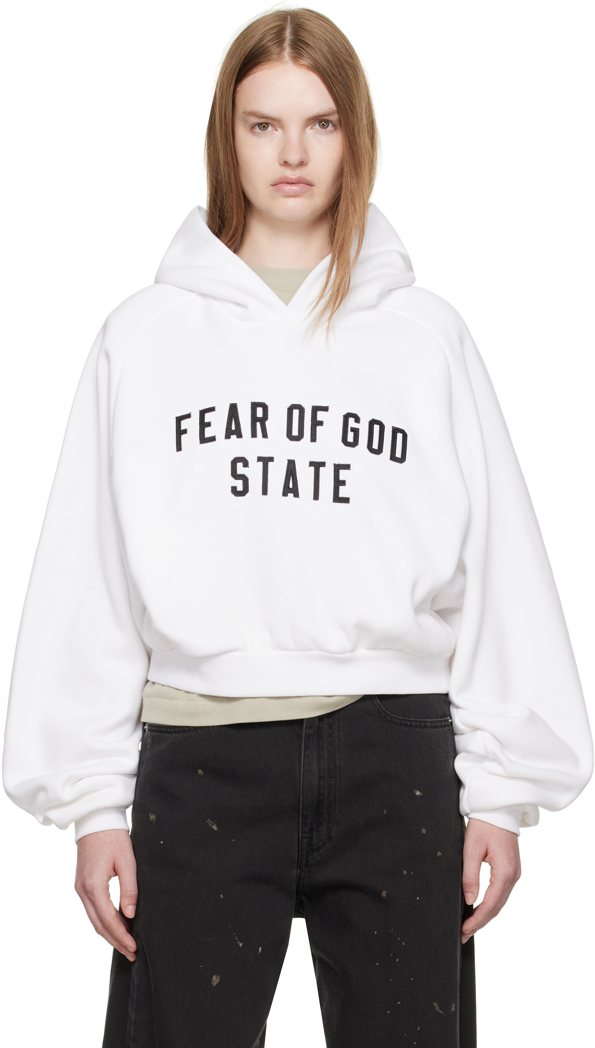 Fear of God ESSENTIALS: White Fleece Raglan Hoodie | SSENSE