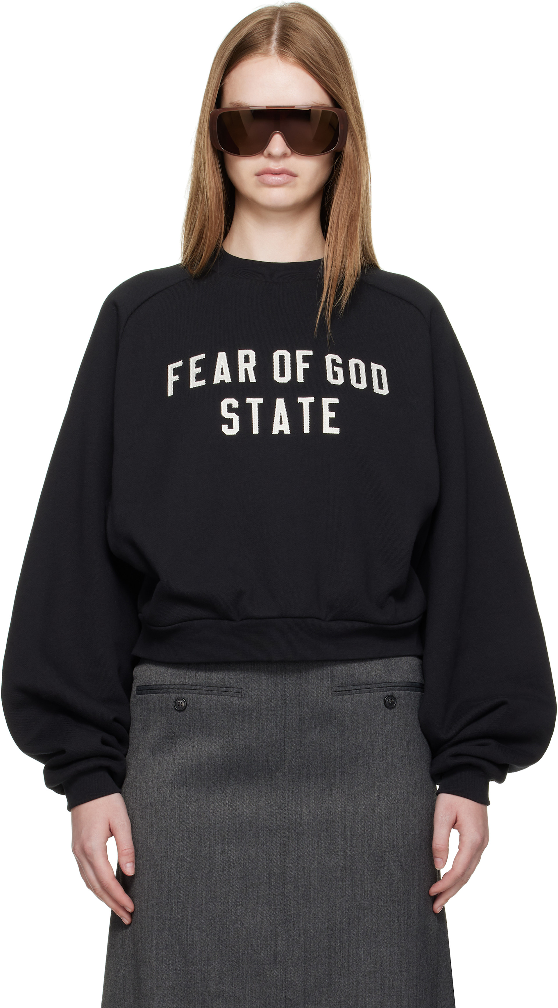 Fear of God ESSENTIALS: ブラック フリース ラグラン クルーネック 
