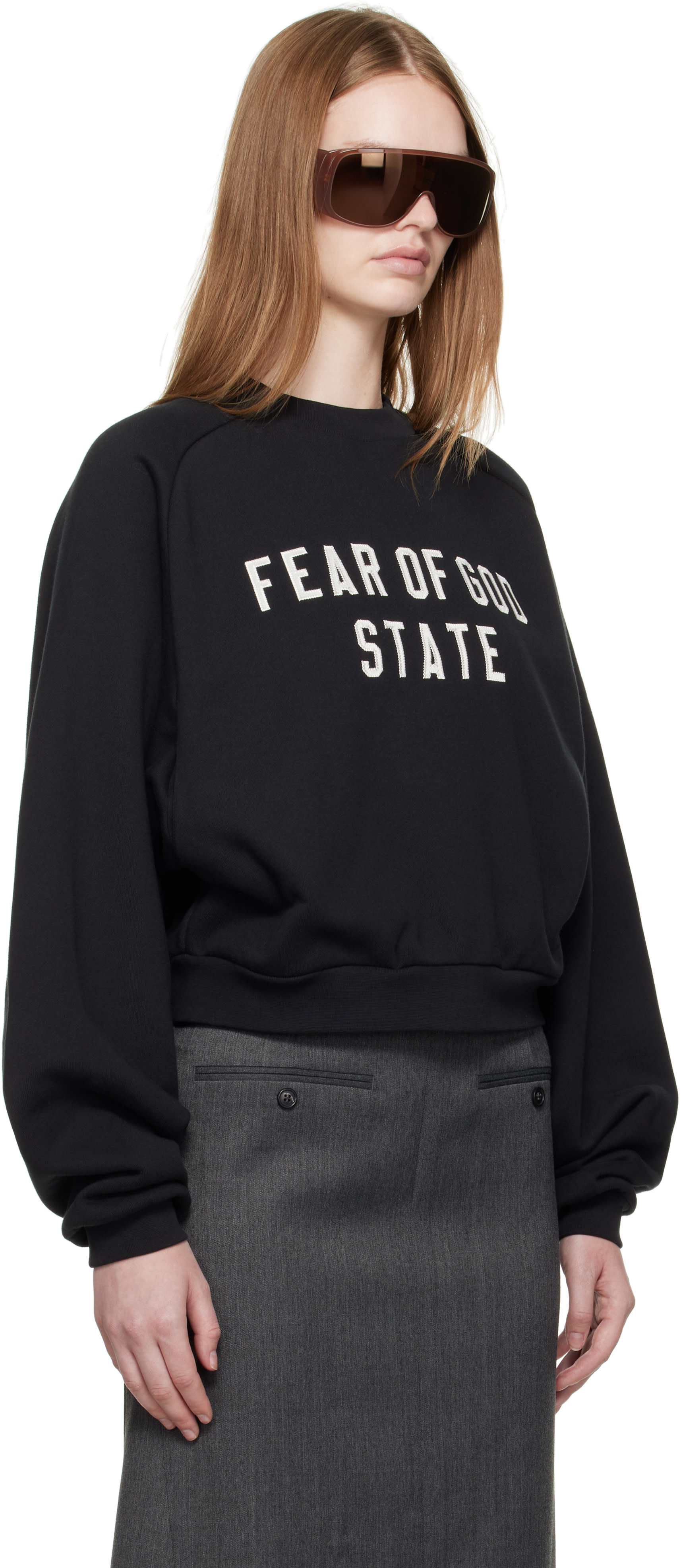 Fear of God ESSENTIALS: ブラック フリース ラグラン クルーネック 